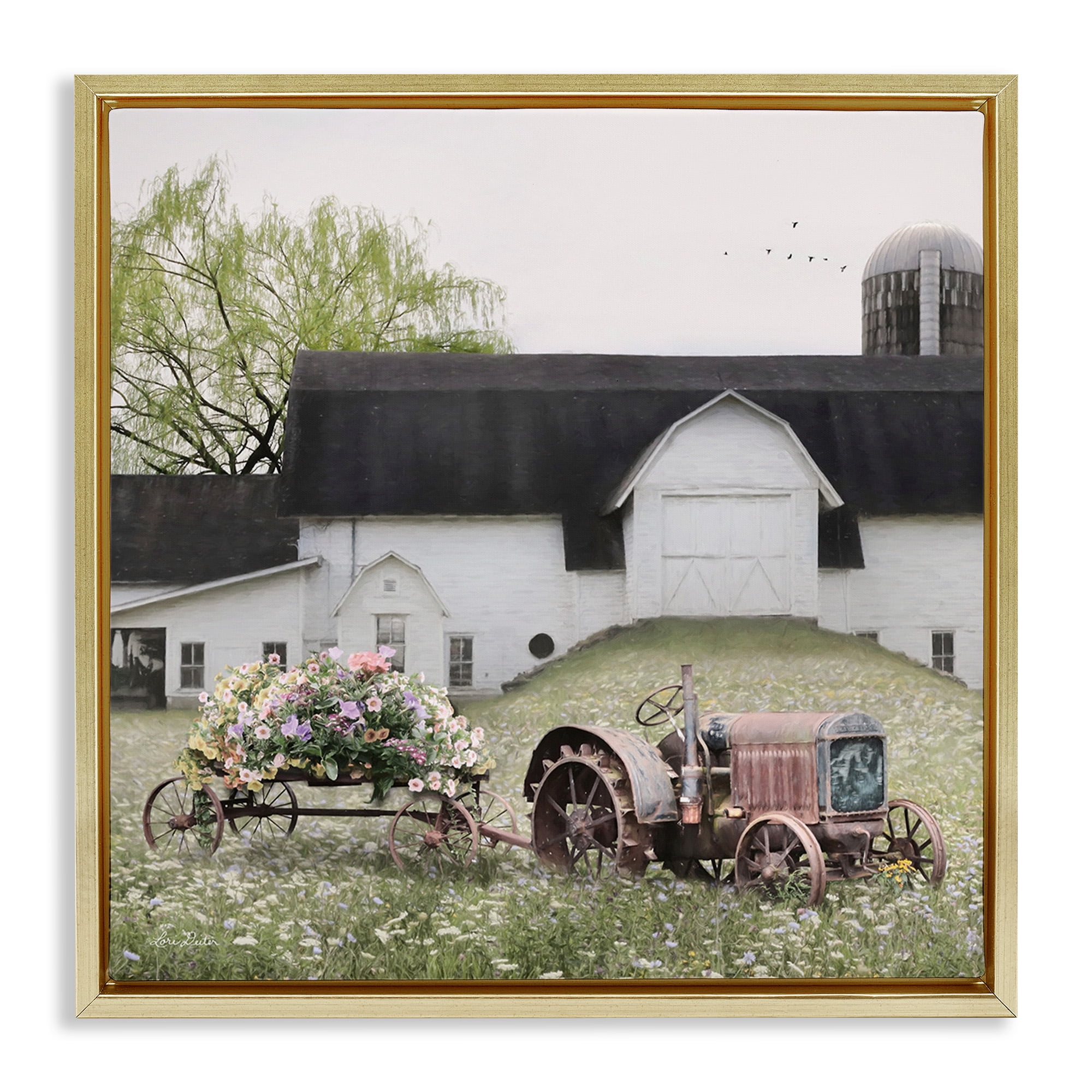 Stupell Industries Floral Tractor in Farmhouse Field Landscape Photography Gold Floater Framed Canvas Art Print Wall Art, 25 x 25