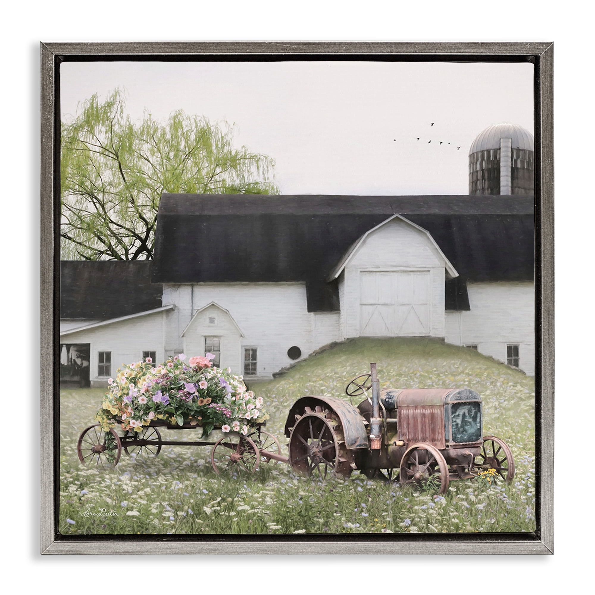 Stupell Industries Floral Tractor in Farmhouse Field Landscape Photography Gray Floater Framed Canvas Art Print Wall Art, 18 x 18