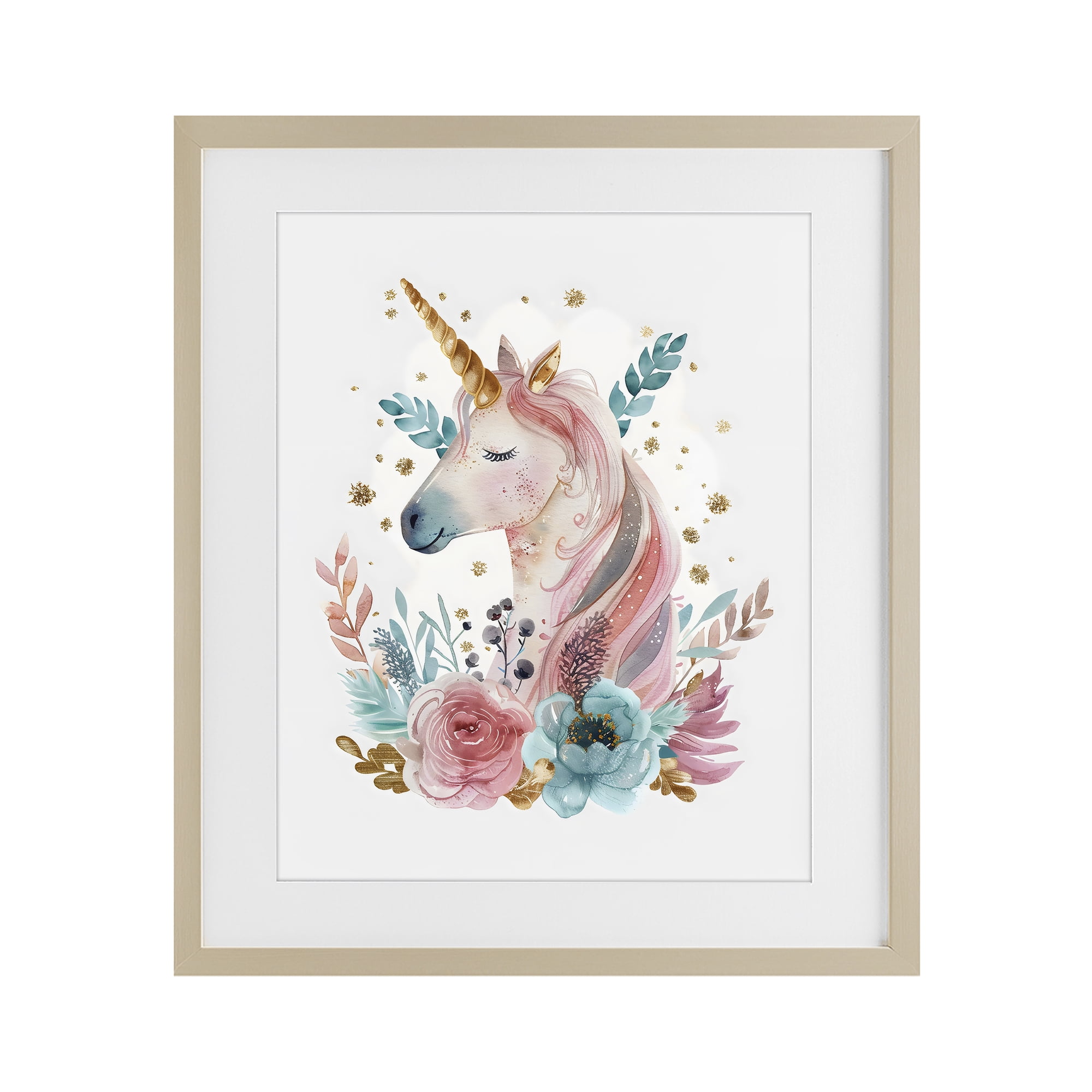 Stupell Industries Floral Unicorn with Gold Details Birch Framed Print Under Glass, design by LSR Design Studio