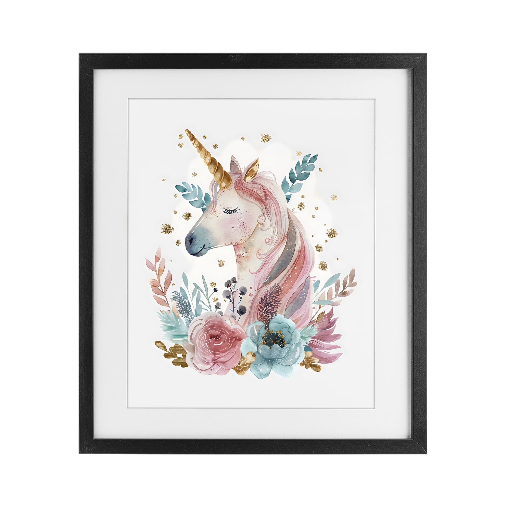 Stupell Industries Floral Unicorn with Gold Details Black Framed Print Under Glass, design by LSR Design Studio