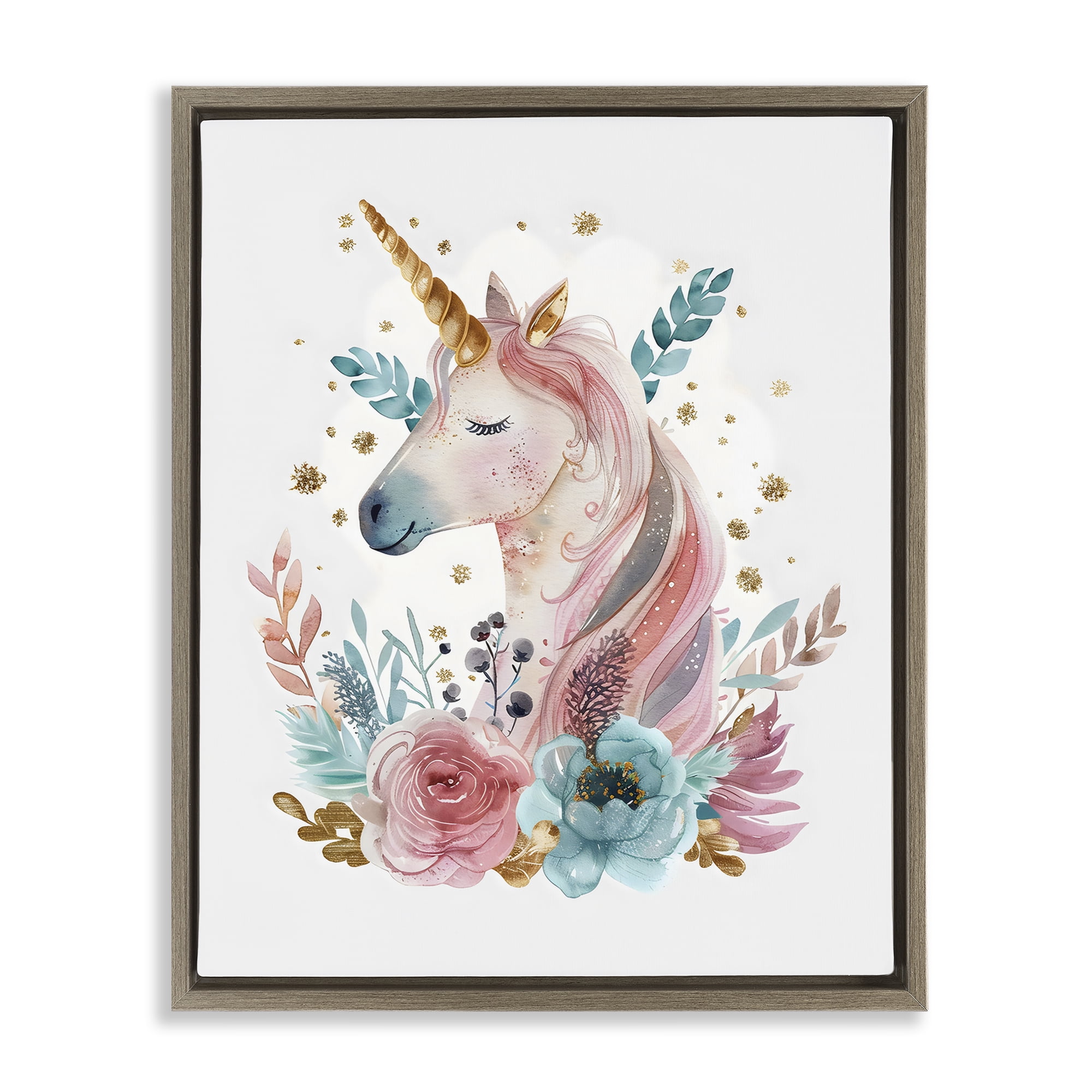 Stupell Industries Floral Unicorn with Gold Details Brown Framed Floater Canvas Wall Art, design by LSR Design Studio