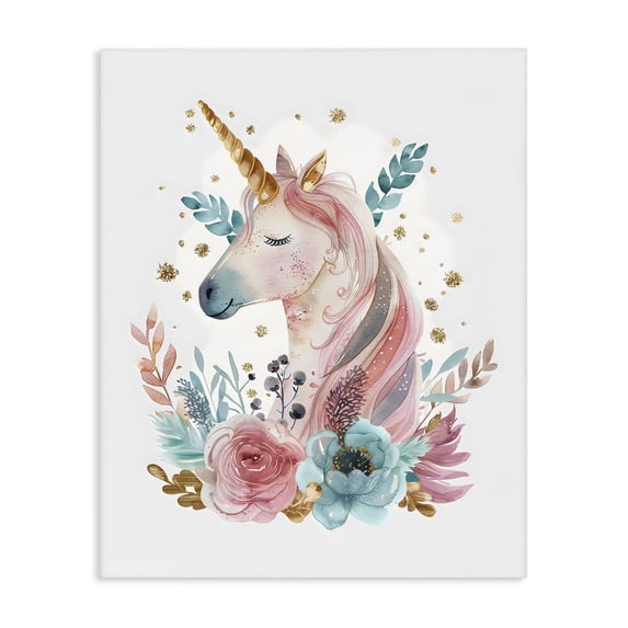 Stupell Industries Shabby Chic Floral Unicorn with Gold Details Canvas Art, 24 x 30, by LSR Design Studio