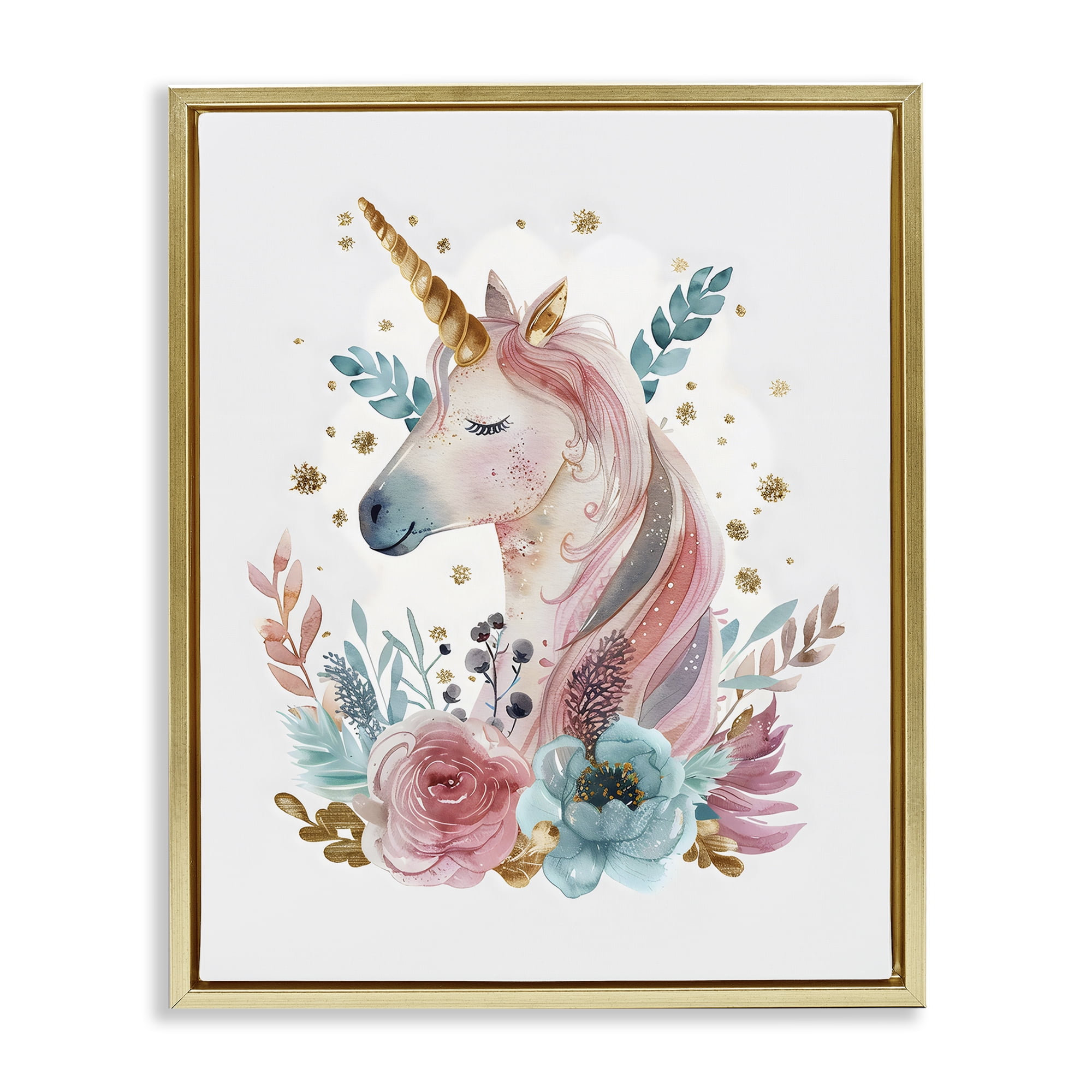 Stupell Industries Floral Unicorn with Gold Details Gold Framed Floater Canvas Wall Art, design by LSR Design Studio