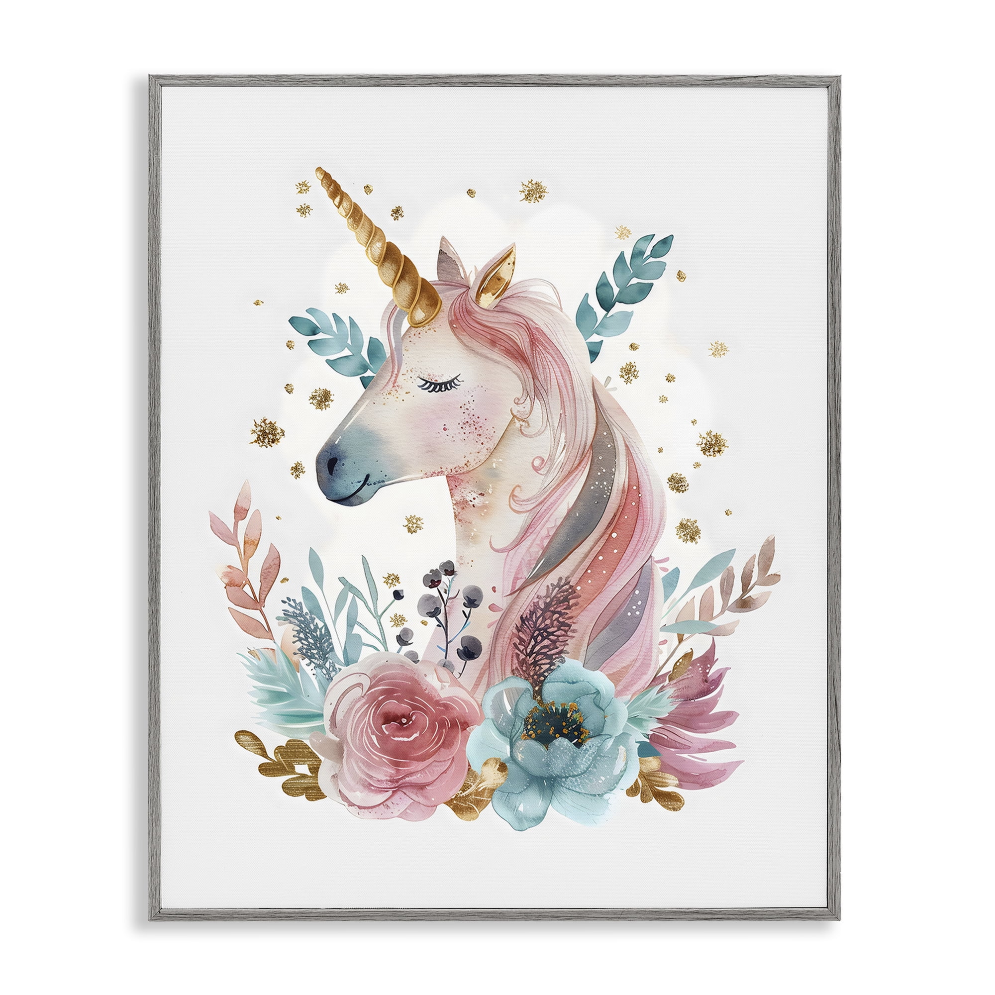Stupell Industries Floral Unicorn with Gold Details Gray Framed Giclee Art, design by LSR Design Studio