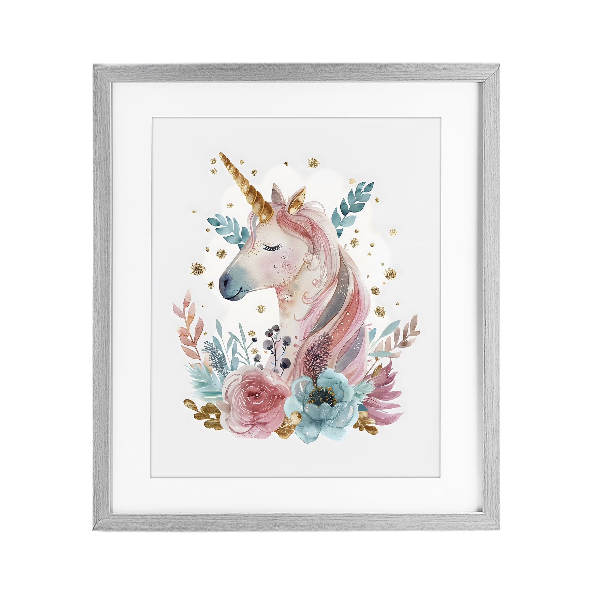 Stupell Industries Floral Unicorn with Gold Details Gray Framed Print Under Glass, design by LSR Design Studio