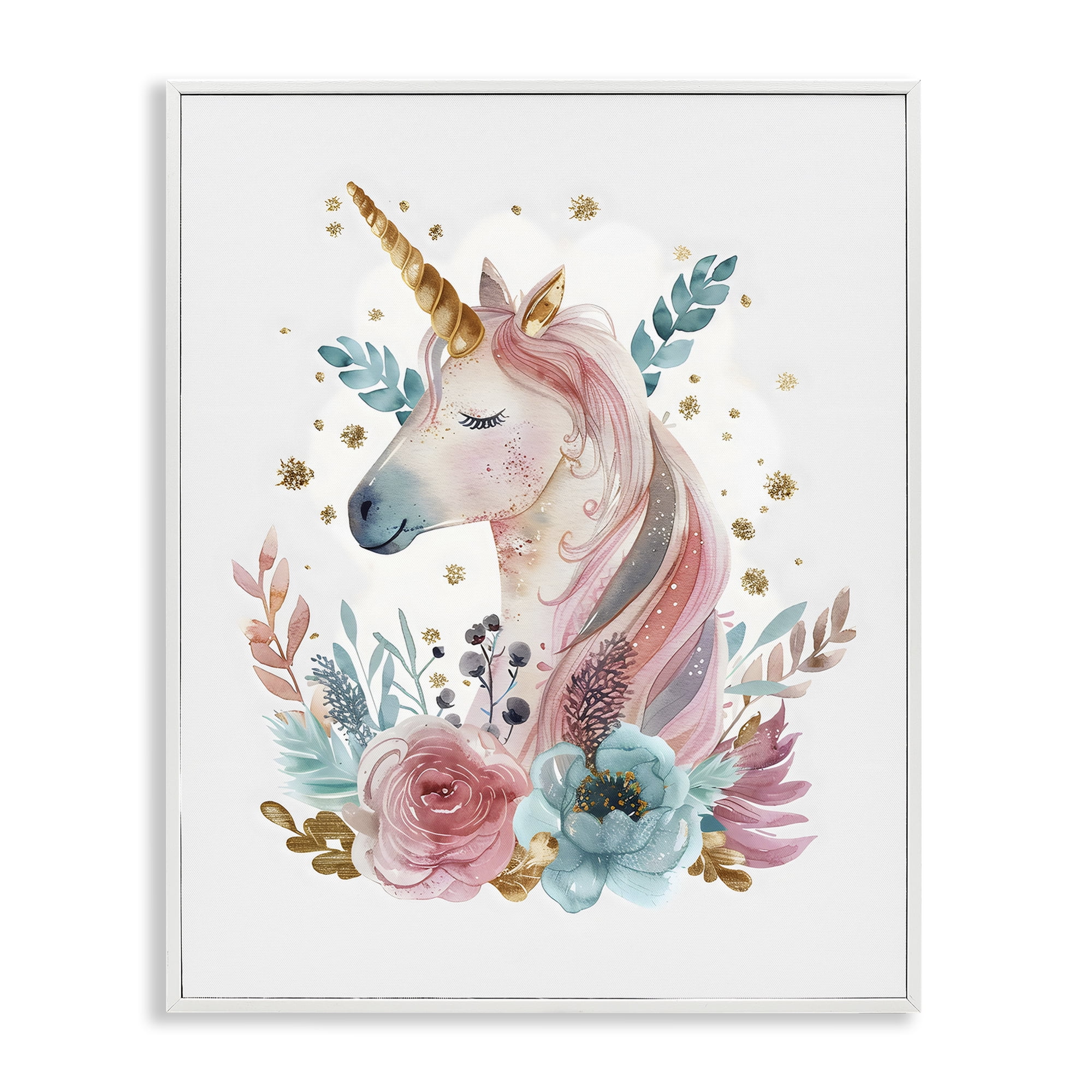 Stupell Industries Floral Unicorn with Gold Details White Framed Giclee Art, design by LSR Design Studio