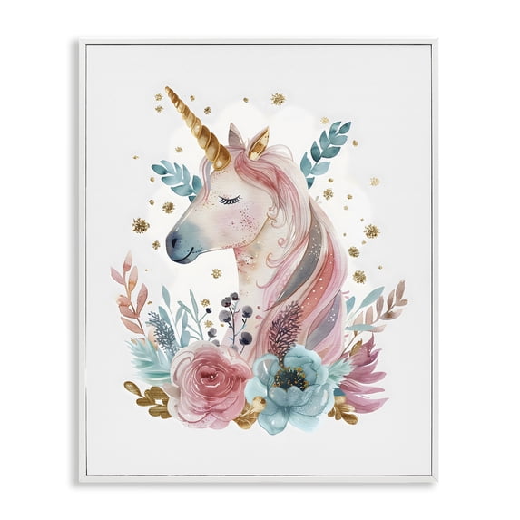 Stupell Industries Shabby Chic Floral Unicorn with Gold Details White Framed Giclee Art, 24 x 30, by LSR Design Studio