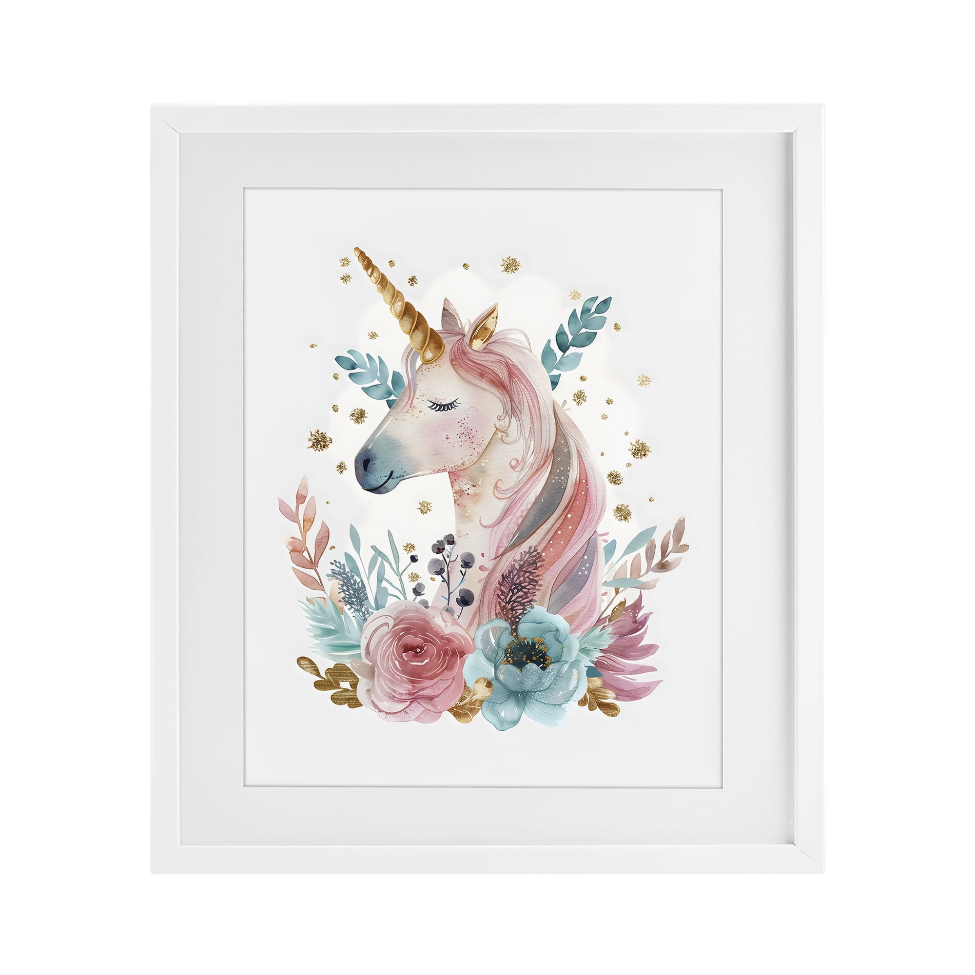 Stupell Industries Floral Unicorn with Gold Details White Framed Print Under Glass, design by LSR Design Studio