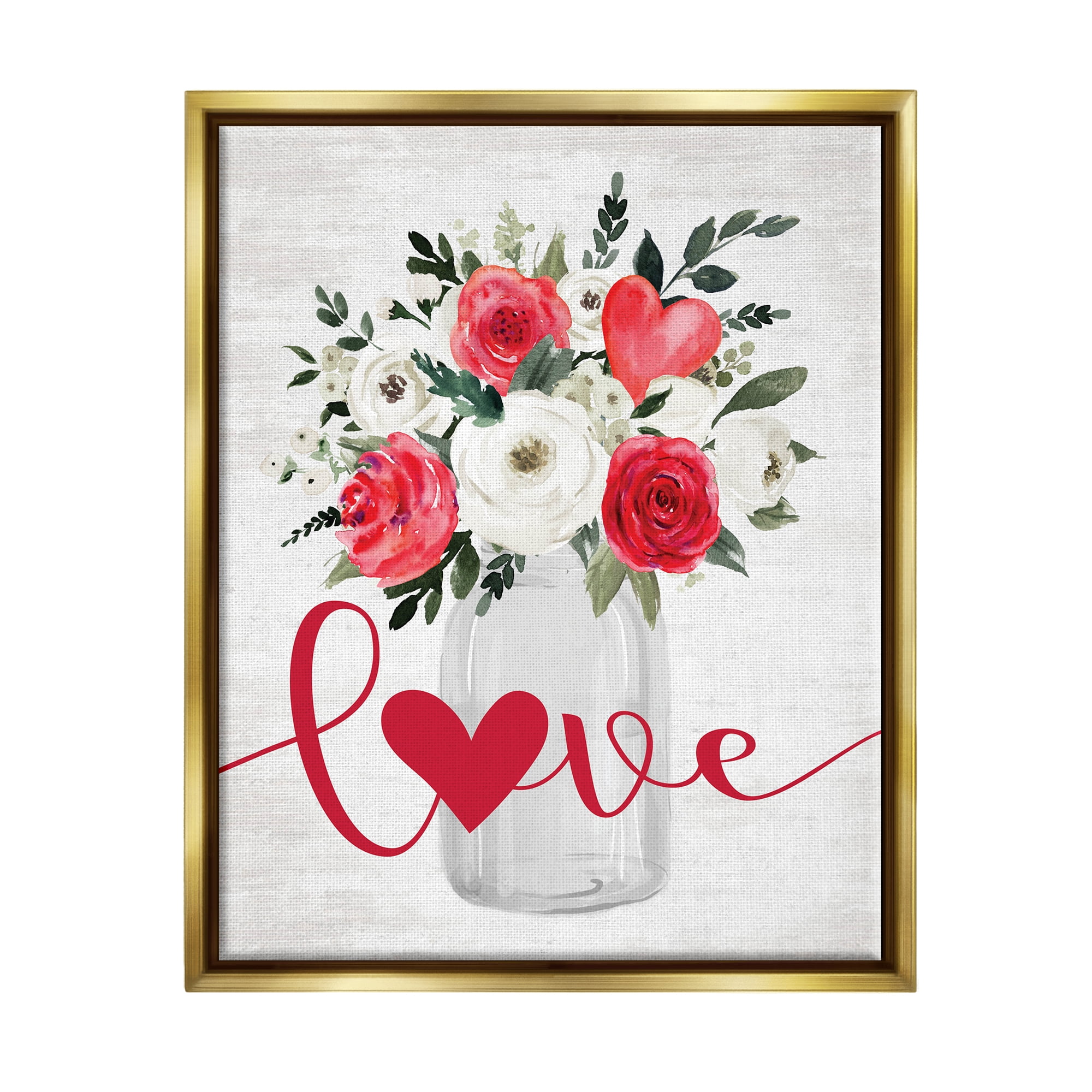 Stupell Industries Floral Valentine's Love Bouquet Botanical & Floral Painting Gold Floater Framed Canvas Art Print Wall Art, 25 x 31