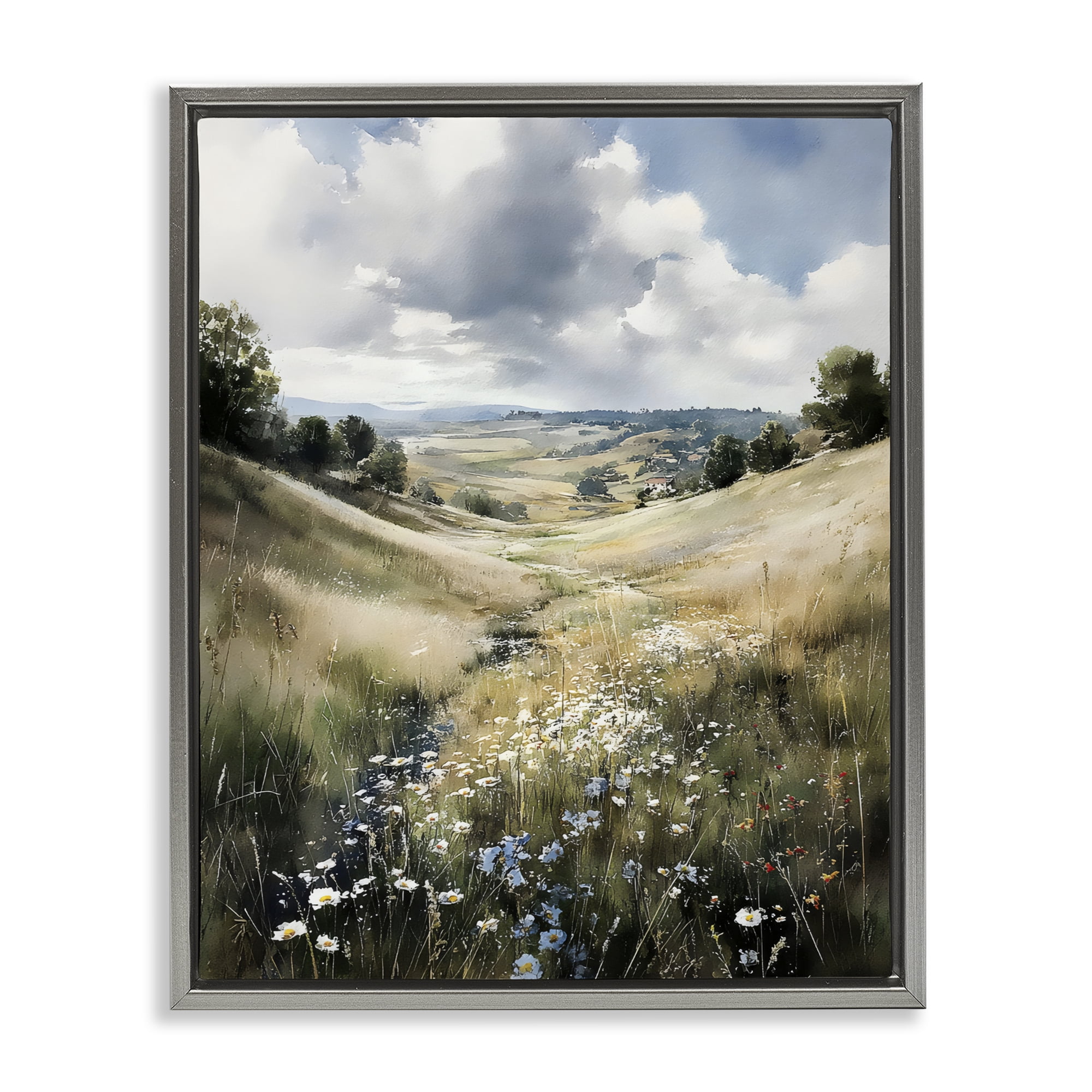 Stupell Industries Floral Valley of Wild Daisies Gray Framed Floater Canvas Wall Art, design by Franklyn Gregory