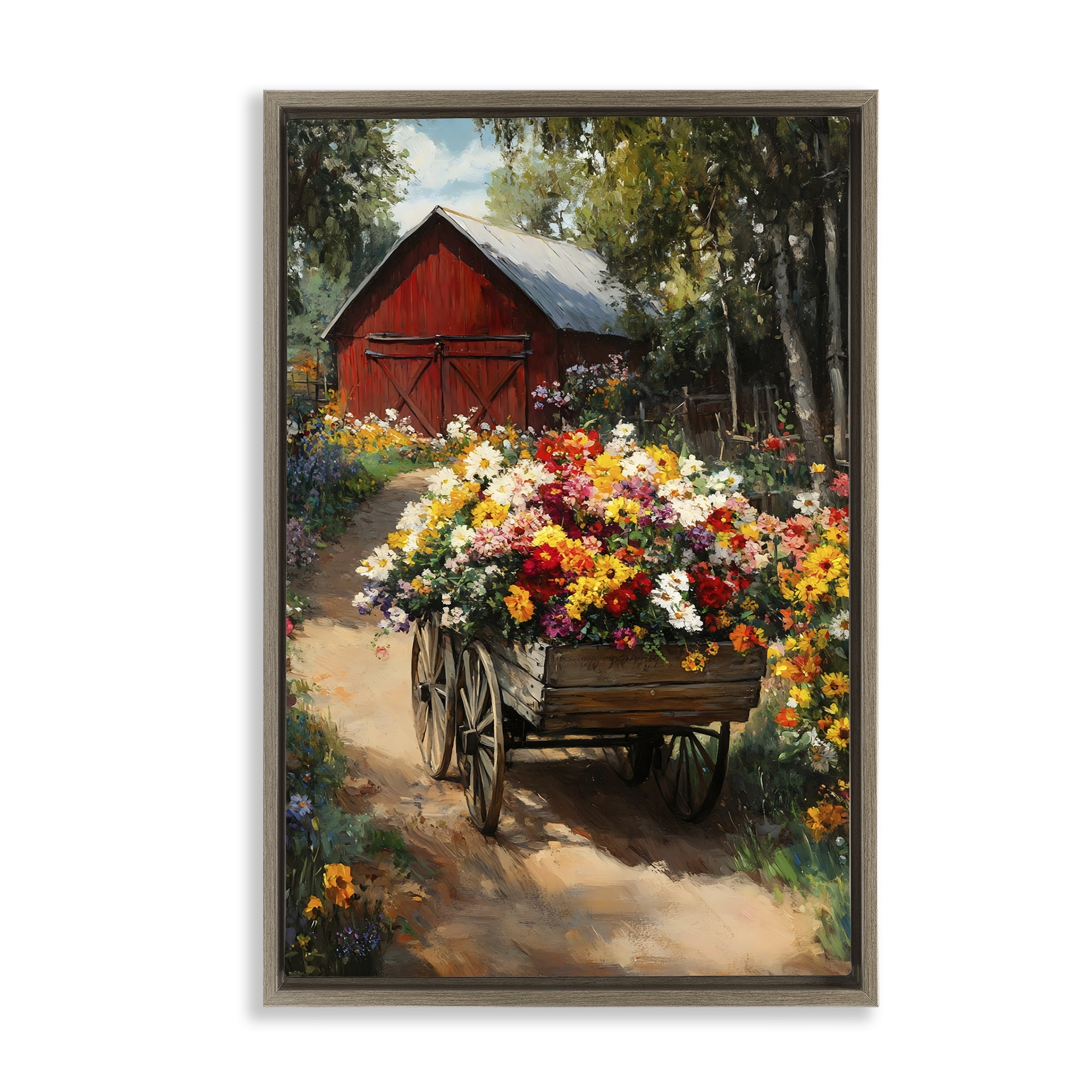 Stupell Industries Floral Wagon in Summer Garden Brown Framed Floater Canvas Wall Art, design by Franklyn Gregory