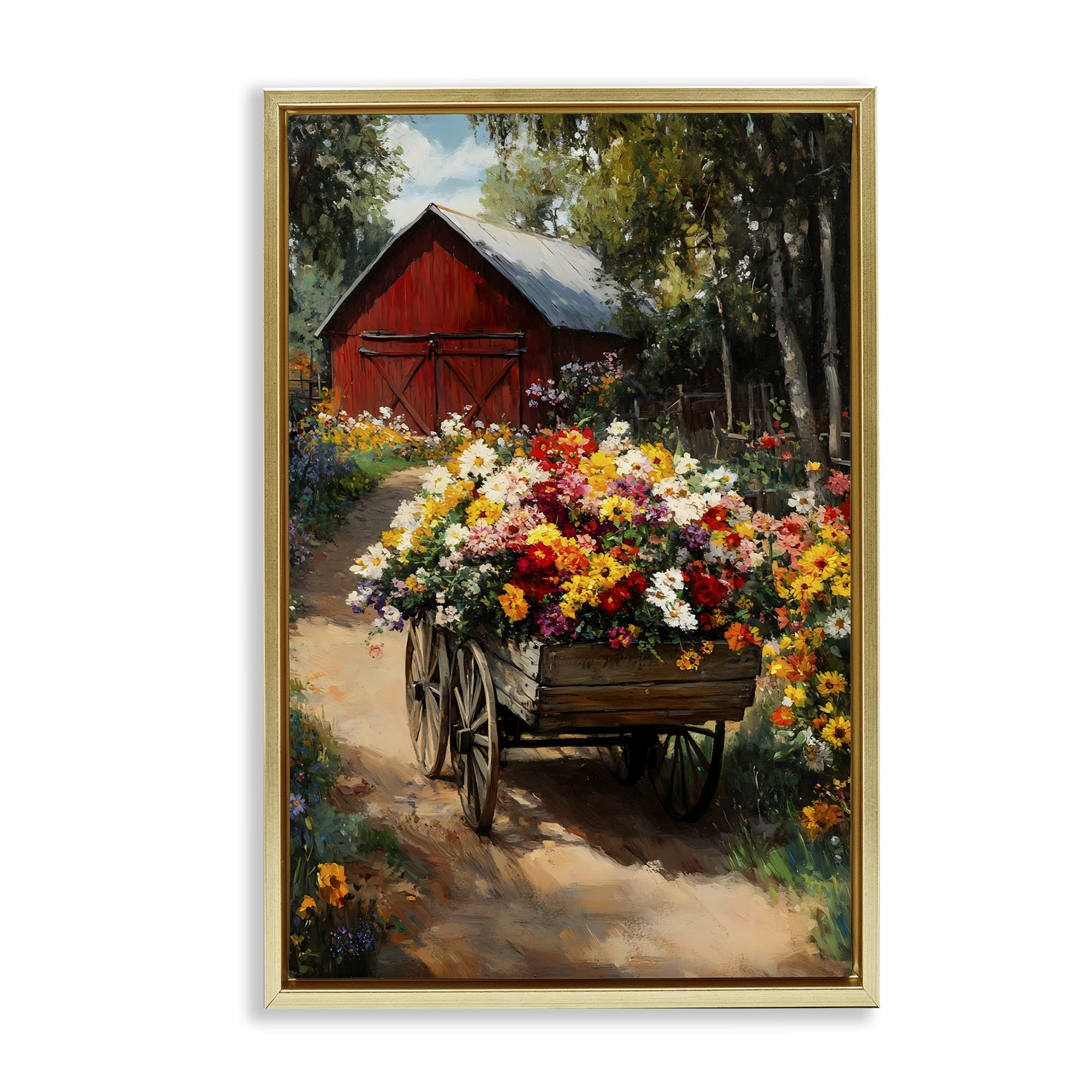 Stupell Industries Floral Wagon in Summer Garden Gold Framed Floater Canvas Wall Art, design by Franklyn Gregory