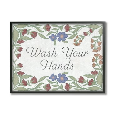Stupell Industries Floral Wash Hands Phrase Typography Painting Black Framed Art Print Wall Art, 14 x 11