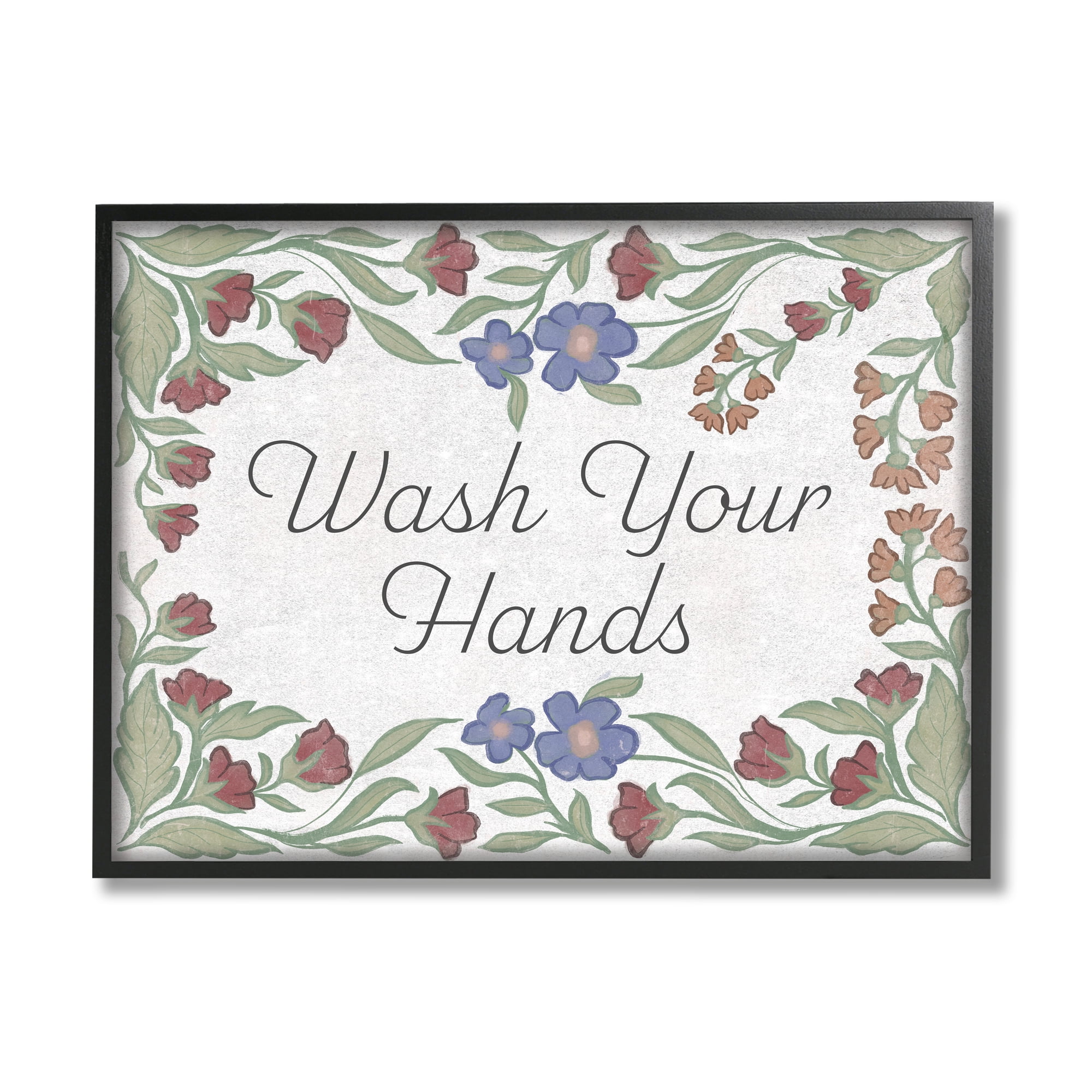 Stupell Industries Floral Wash Hands Phrase Typography Painting Black Framed Art Print Wall Art, 20 x 16