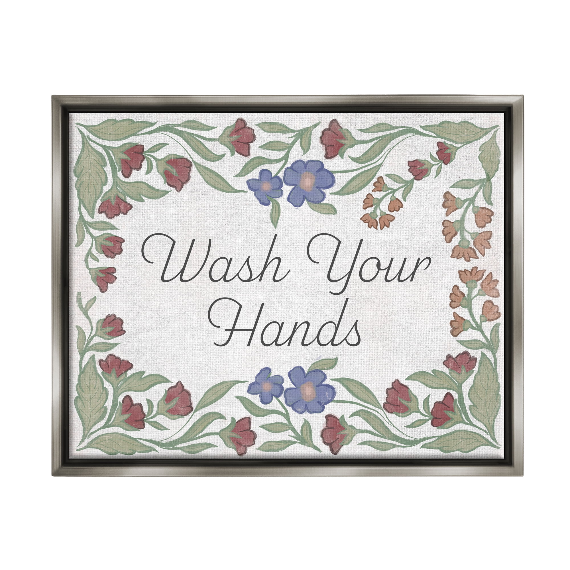 Stupell Industries Floral Wash Hands Phrase Typography Painting Gray Floater Framed Art Print Wall Art, 21 x 17