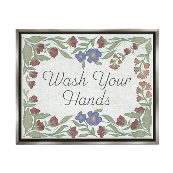 Stupell Industries Floral Wash Hands Phrase Typography Painting Gray Floater Framed Art Print Wall Art, 31 x 25