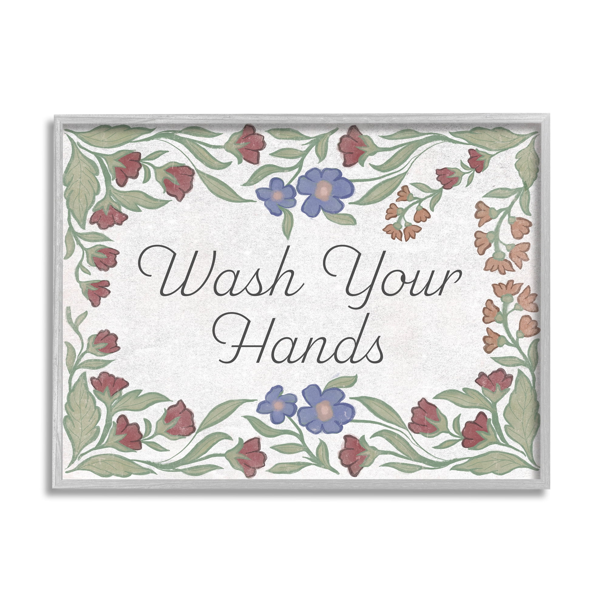 Stupell Industries Floral Wash Hands Phrase Typography Painting Gray Framed Art Print Wall Art, 30 x 24