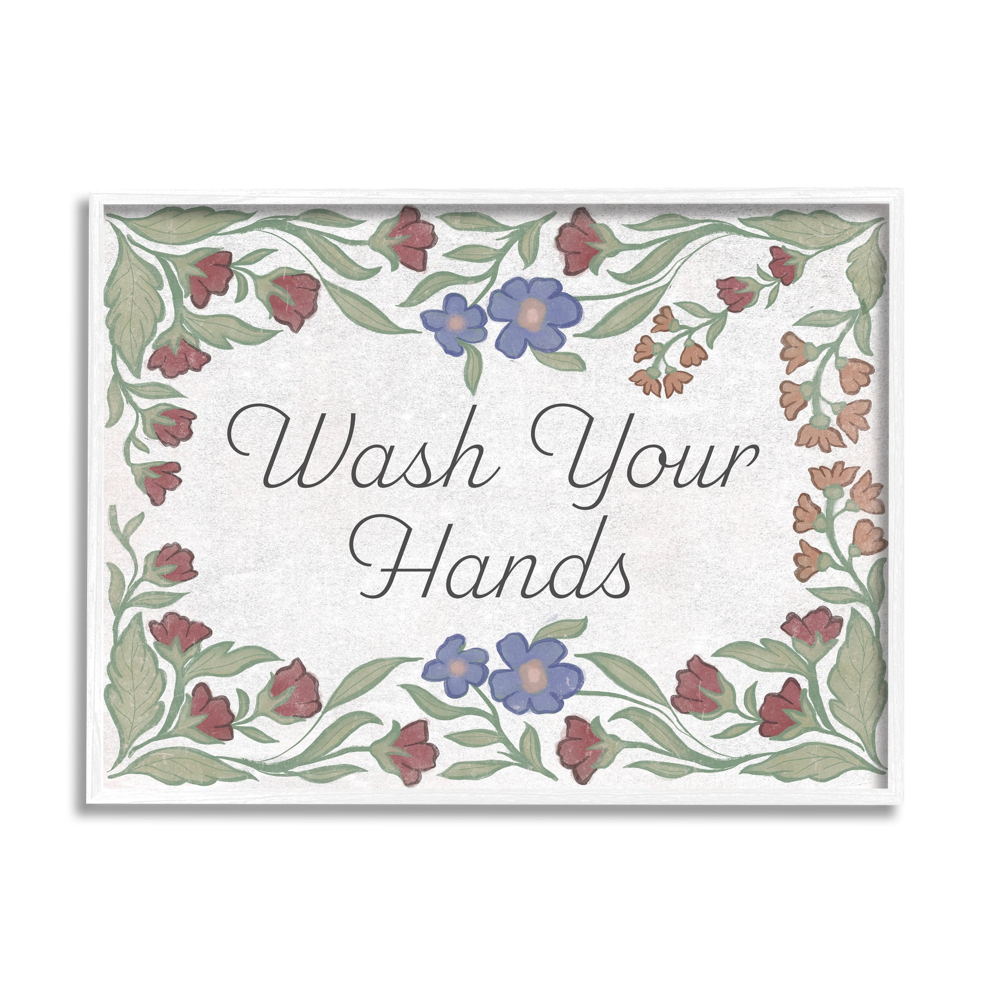 Stupell Industries Floral Wash Hands Phrase Typography Painting White Framed Art Print Wall Art, 20 x 16