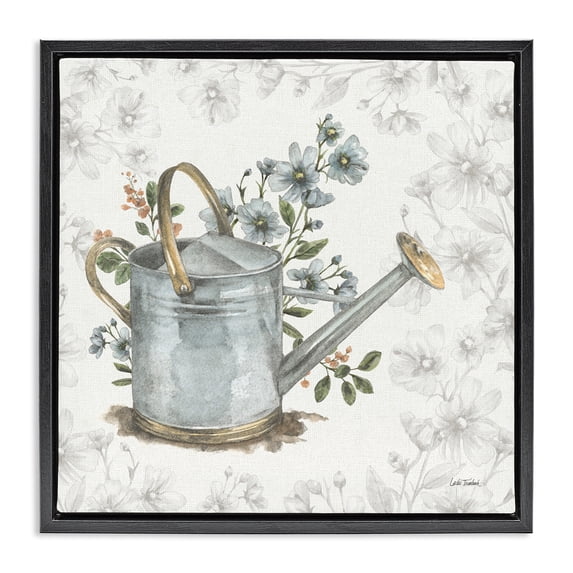 Stupell Industries Cottage Floral Watering Can Black Floating Frame Canvas Art, 18 x 18, by Leslie Trimbach
