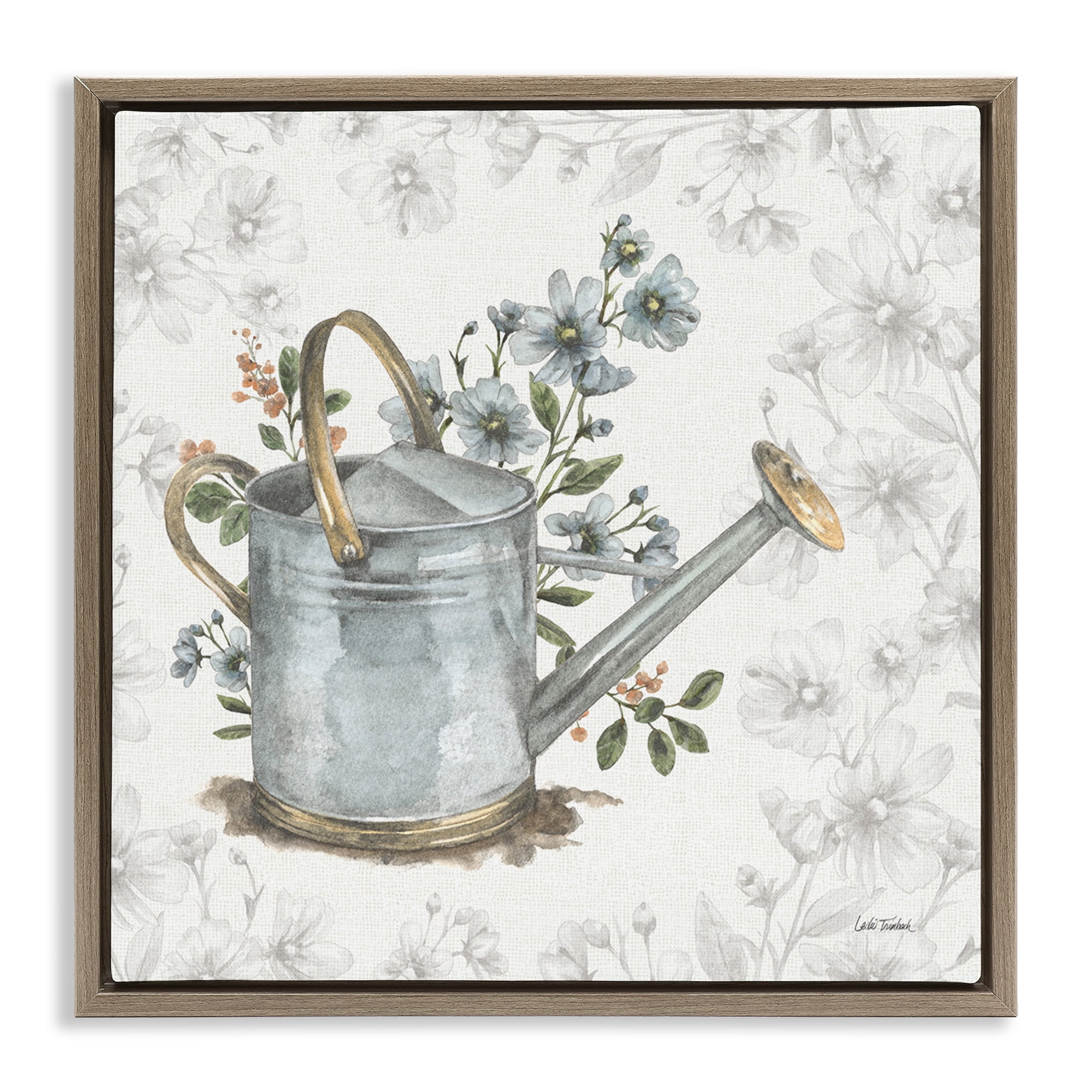 Stupell Industries Floral Watering Can Botanical & Floral Painting Brown Floater Framed Canvas Art Print Wall Art, 18 x 18