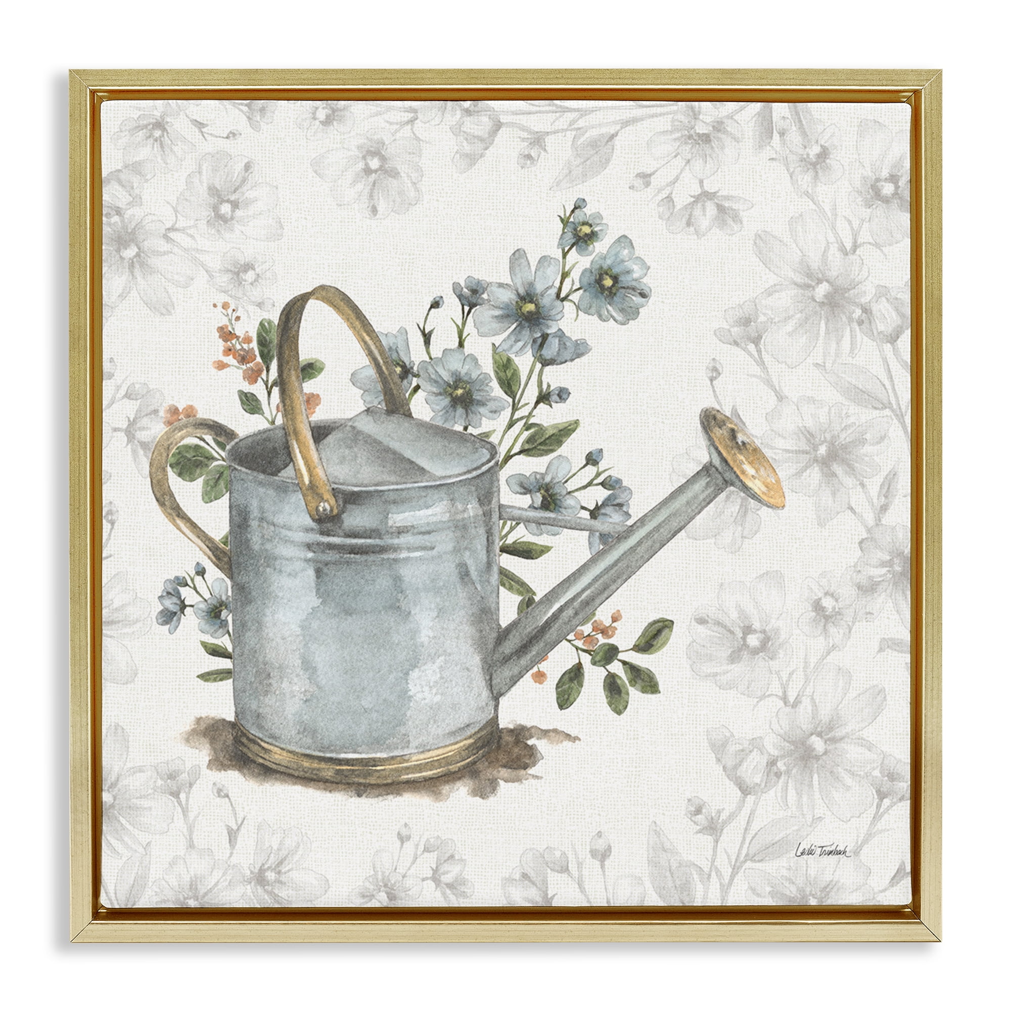 Stupell Industries Floral Watering Can Botanical & Floral Painting Gold Floater Framed Canvas Art Print Wall Art, 18 x 18