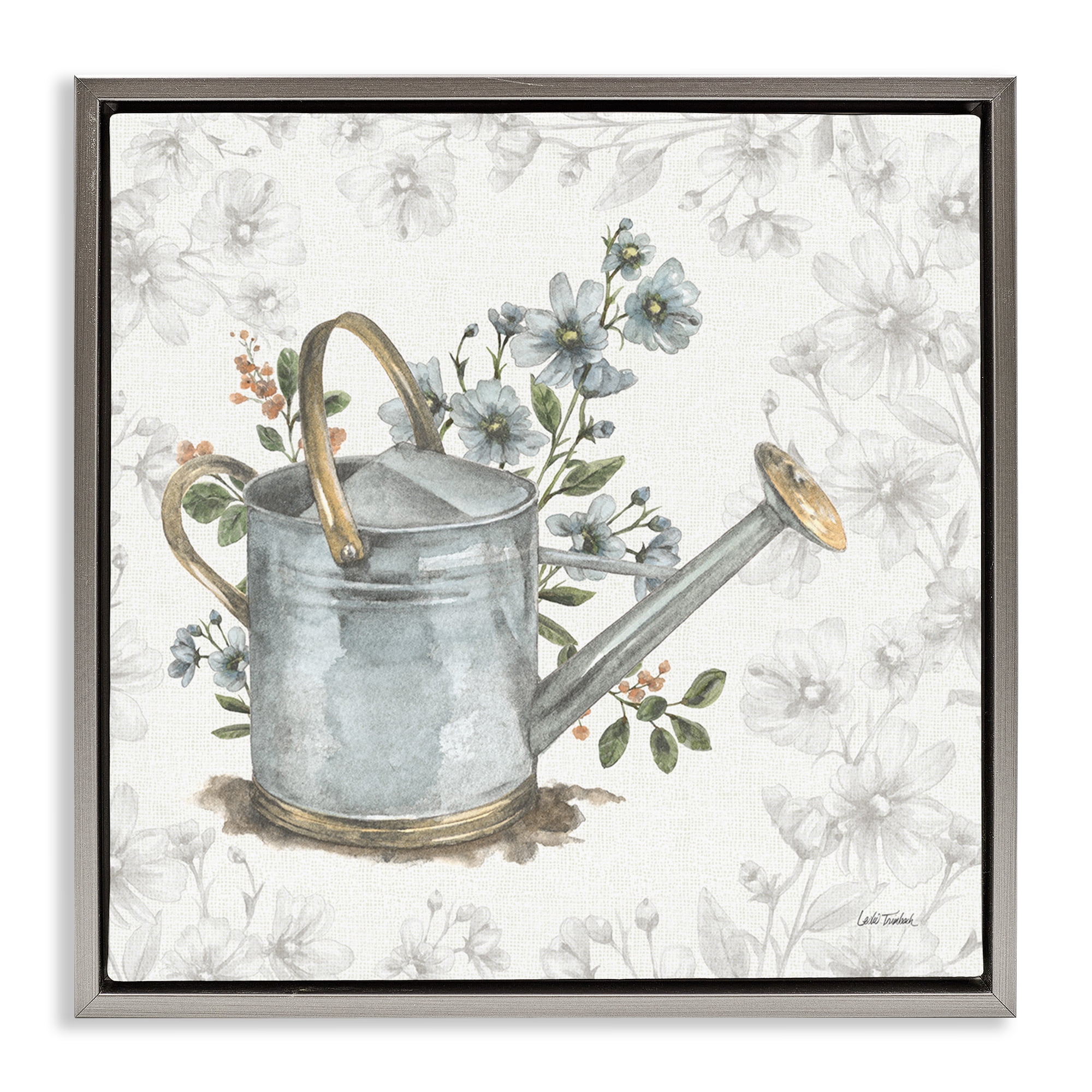 Stupell Industries Floral Watering Can Botanical & Floral Painting Gray Floater Framed Canvas Art Print Wall Art, 25 x 25