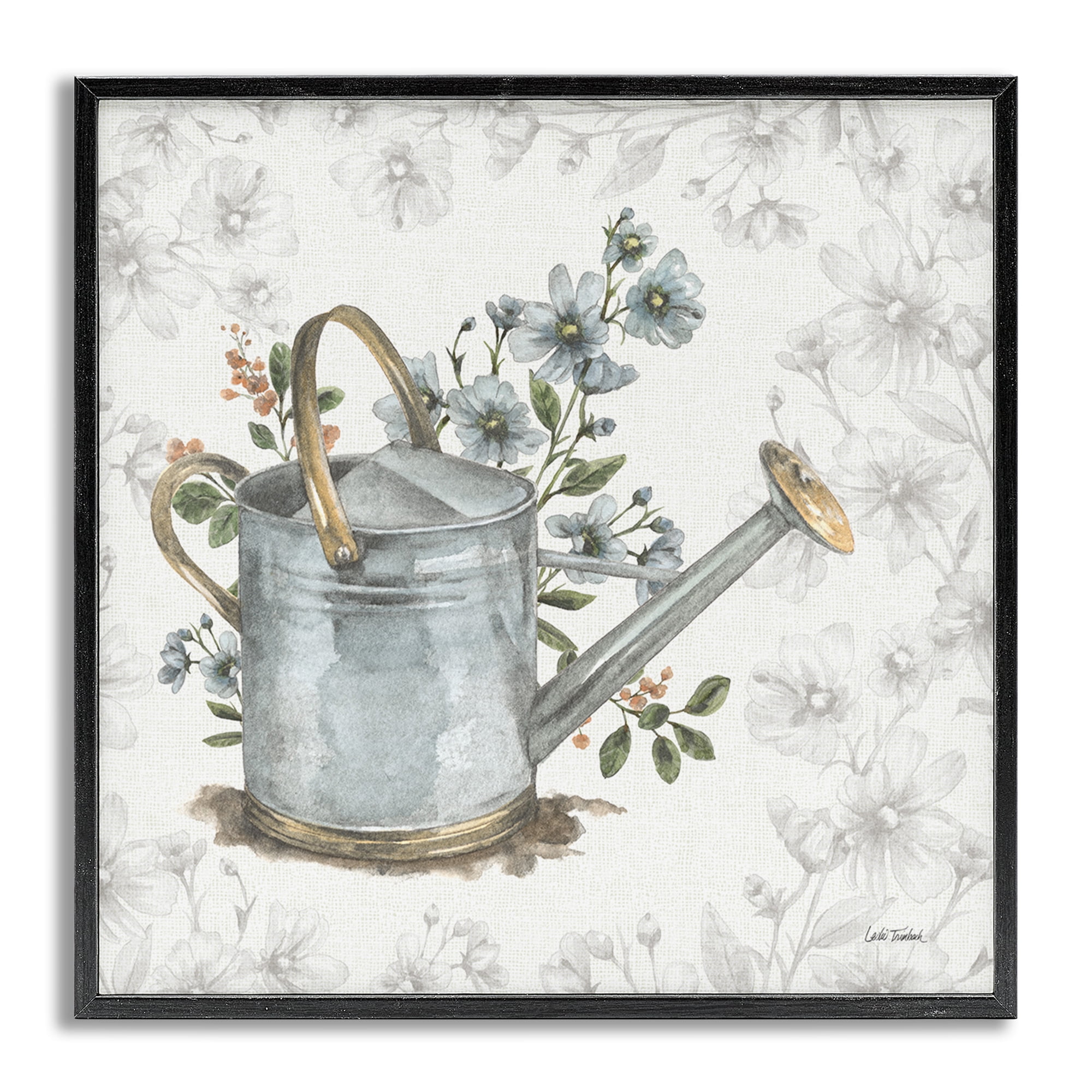 Stupell Industries Floral Watering Can Botanical & Floral Painting Gray Framed Art Print Wall Art, 17 x 17
