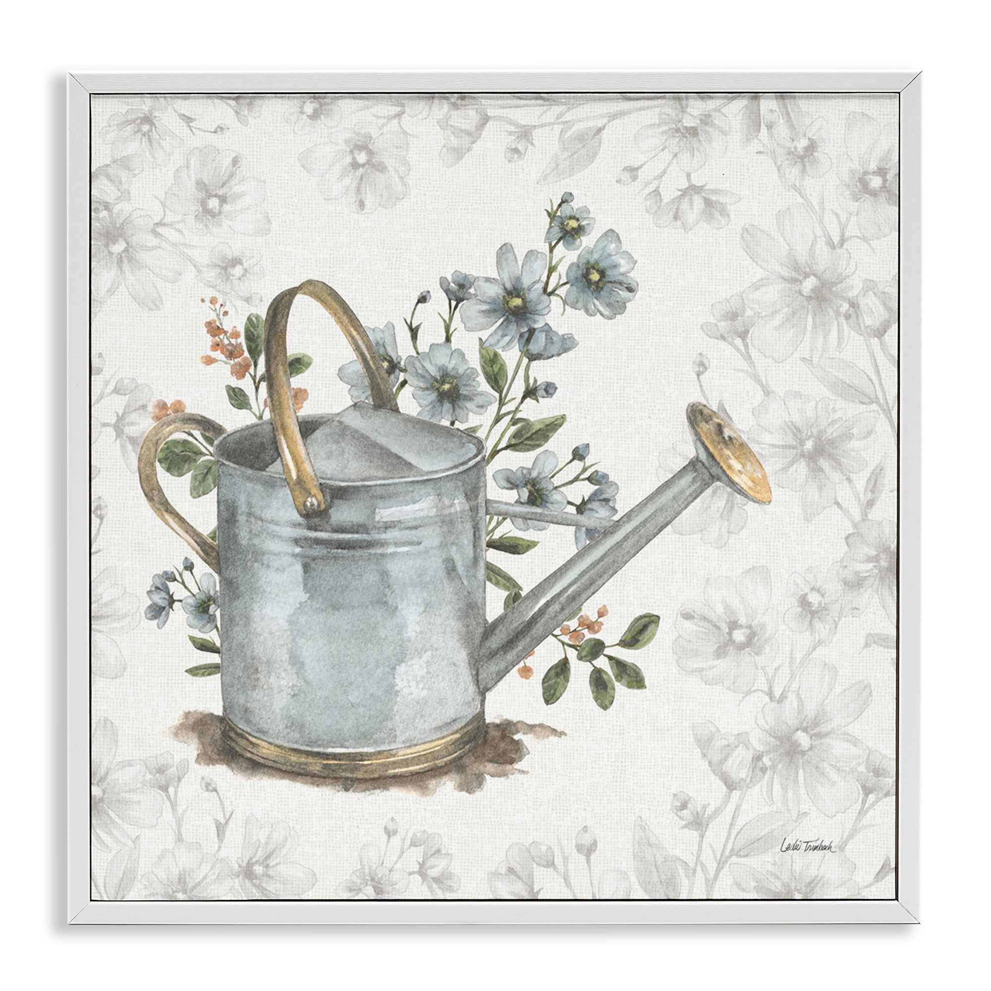 Stupell Industries Floral Watering Can Botanical & Floral Painting White Framed Art Print Wall Art, 17 x 17
