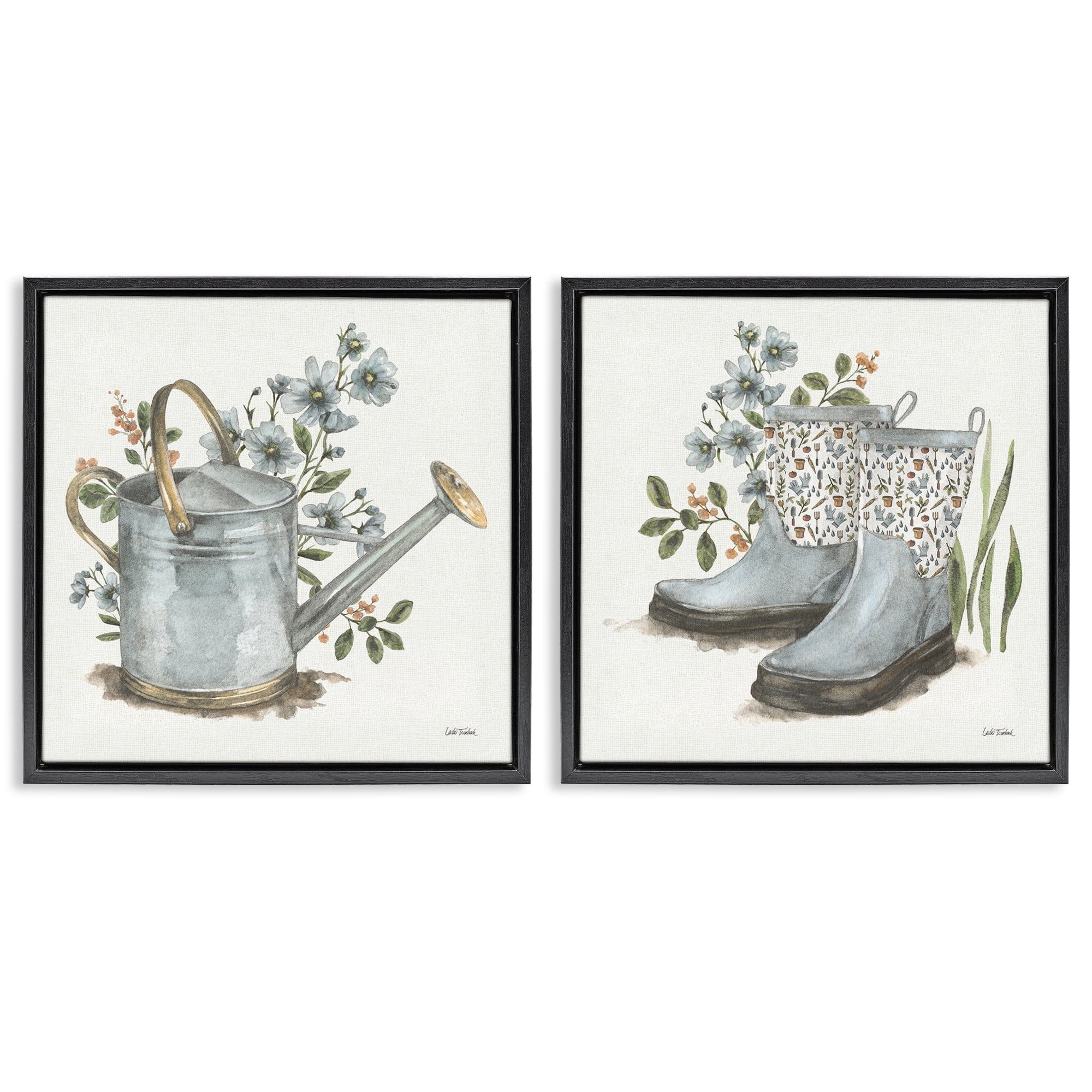 Stupell Industries Floral Watering Can Gardening Boots Plants & Flowers Painting Black Floater Framed Canvas Art Print Wall Art, 25 x 25, Set of 2