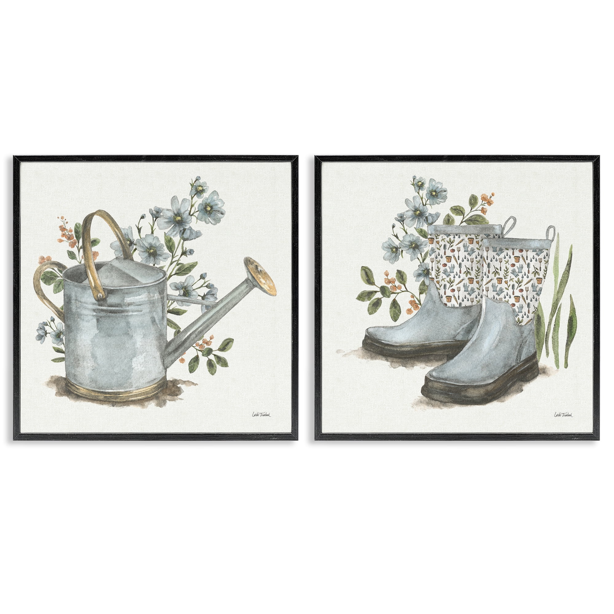 Stupell Industries Floral Watering Can Gardening Boots Plants & Flowers Painting Black Framed Art Print Wall Art, 17 x 17, Set of 2
