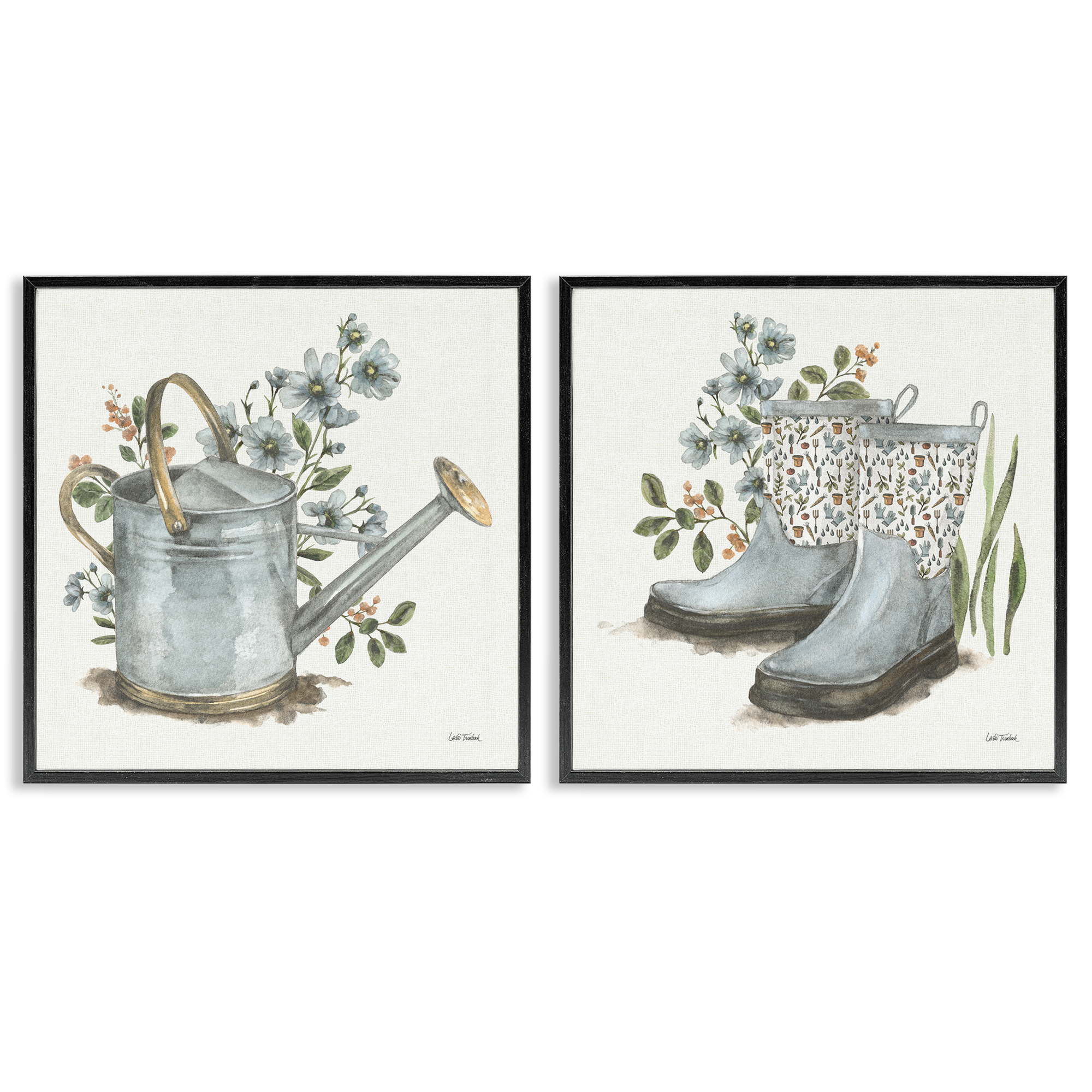 Stupell Industries Floral Watering Can Gardening Boots Plants & Flowers Painting Black Framed Art Print Wall Art, 24 x 24, Set of 2