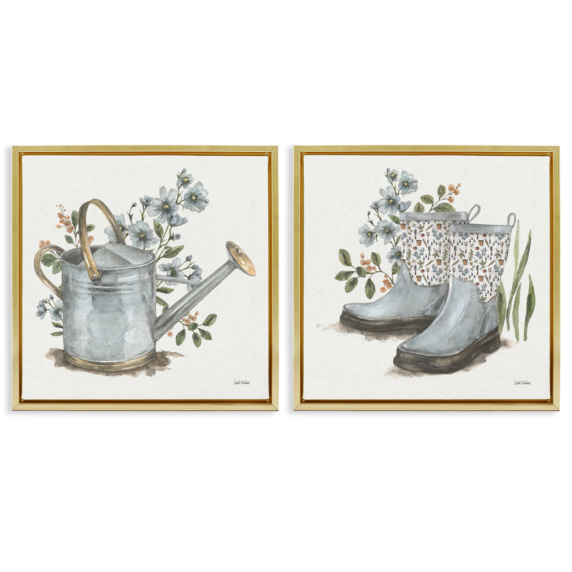 Stupell Industries Floral Watering Can Gardening Boots Plants & Flowers Painting Gold Floater Framed Canvas Art Print Wall Art, 25 x 25, Set of 2