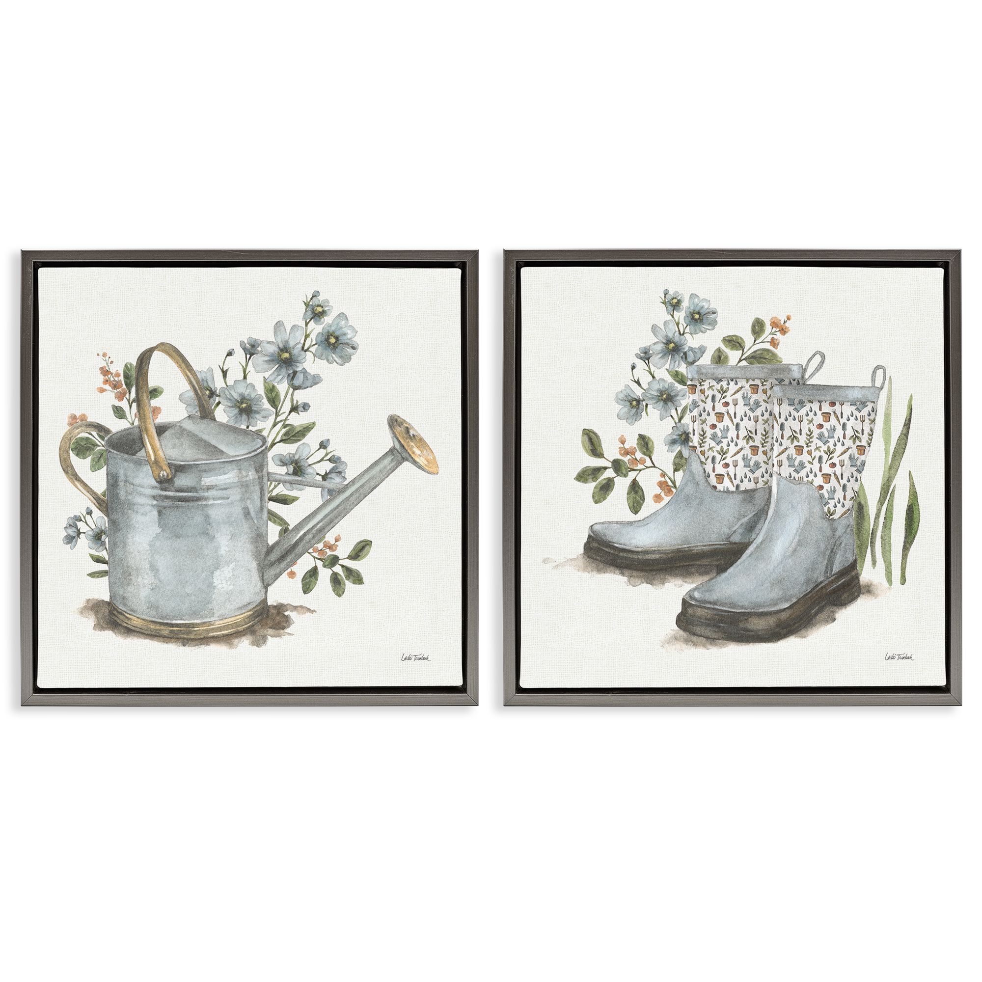 Stupell Industries Floral Watering Can Gardening Boots Plants & Flowers Painting Gray Floater Framed Canvas Art Print Wall Art, 18 x 18, Set of 2