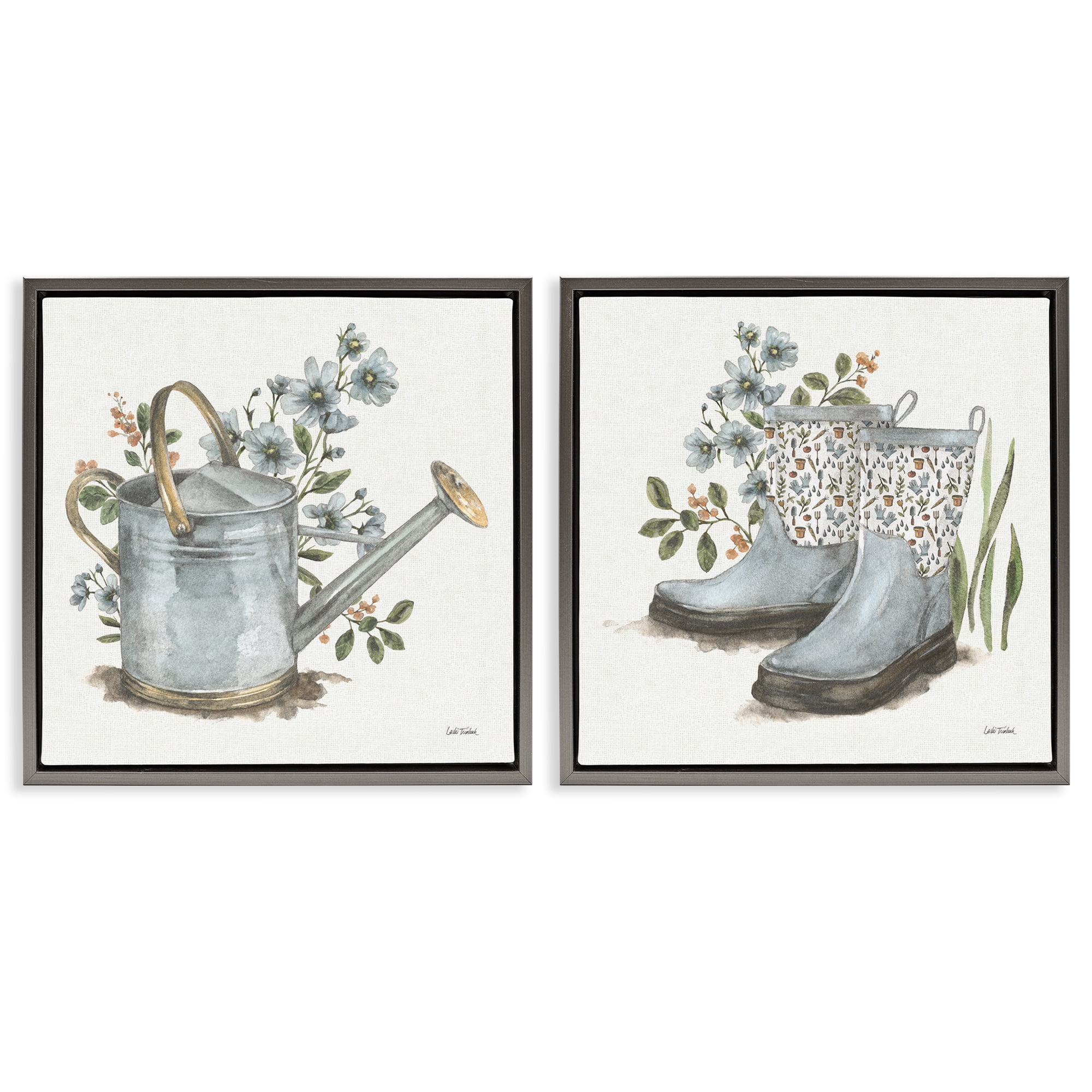 Stupell Industries Floral Watering Can Gardening Boots Plants & Flowers Painting Gray Floater Framed Canvas Art Print Wall Art, 25 x 25, Set of 2