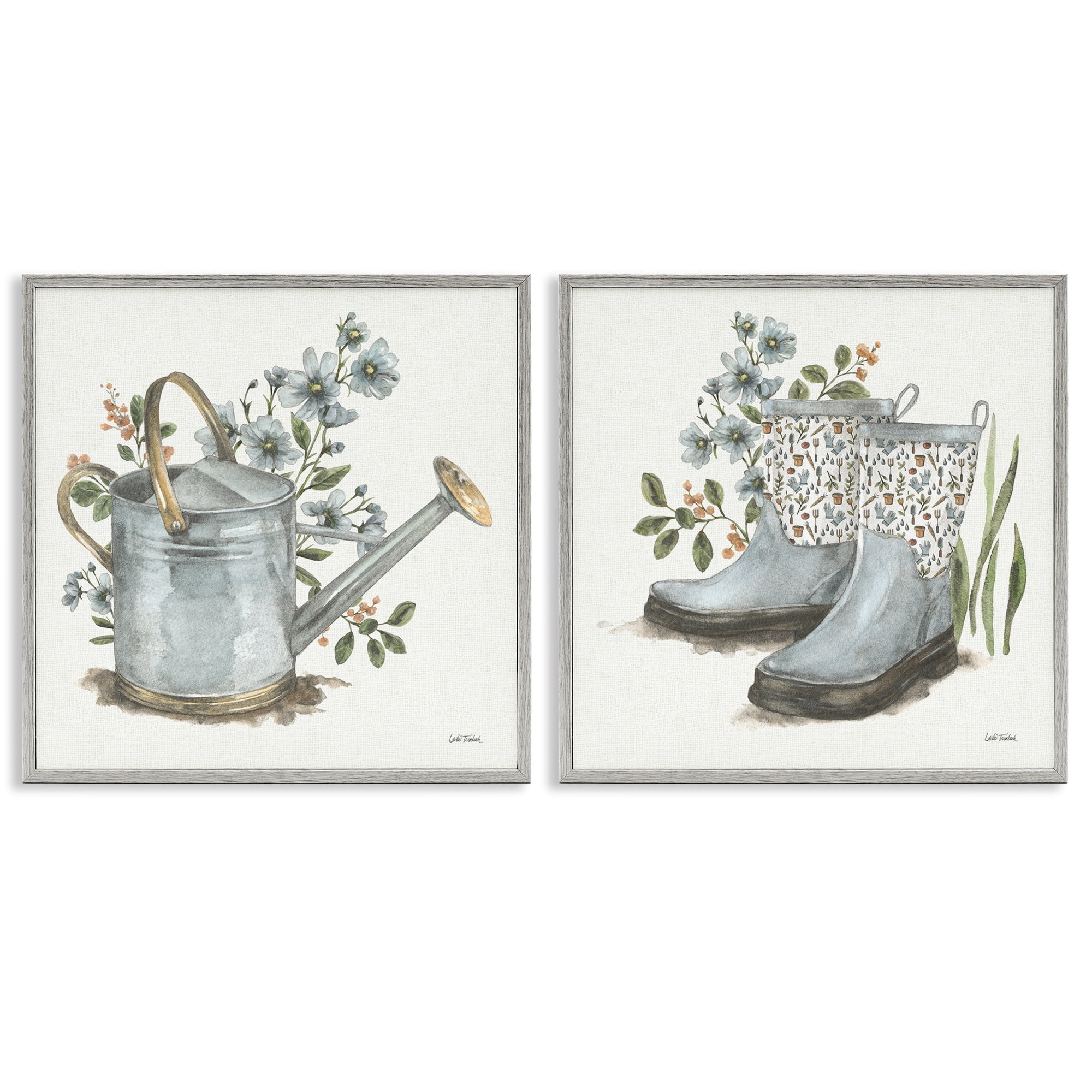 Stupell Industries Floral Watering Can Gardening Boots Plants & Flowers Painting Gray Framed Art Print Wall Art, 12 x 12, Set of 2