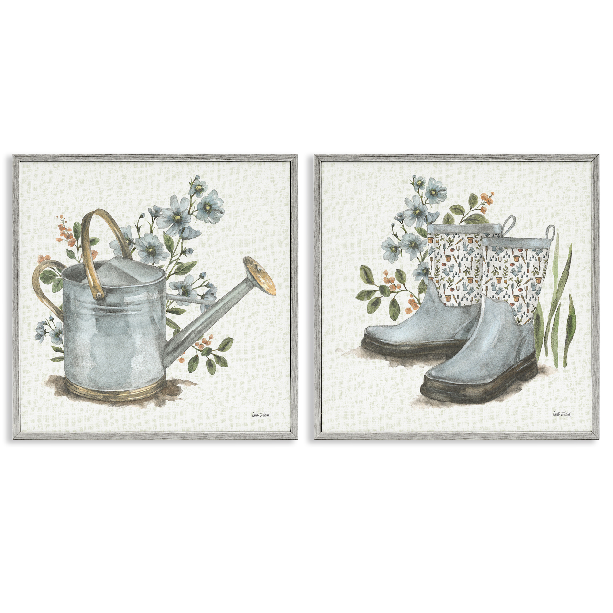 Stupell Industries Floral Watering Can Gardening Boots Plants & Flowers Painting Gray Framed Art Print Wall Art, 17 x 17, Set of 2
