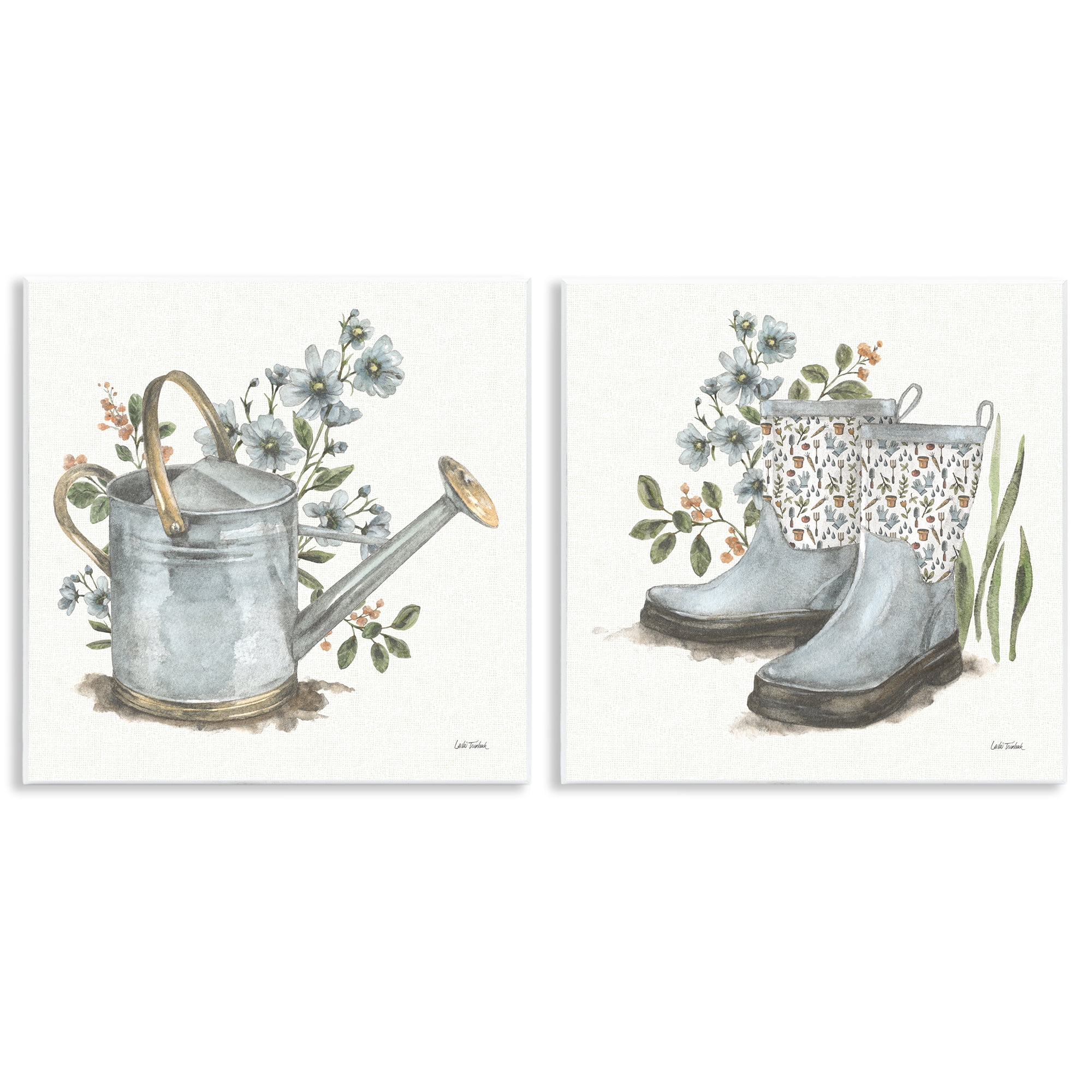 Stupell Industries Floral Watering Can Gardening Boots Plants & Flowers Painting Unframed Art Print Wall Art, 12 x 12, Set of 2