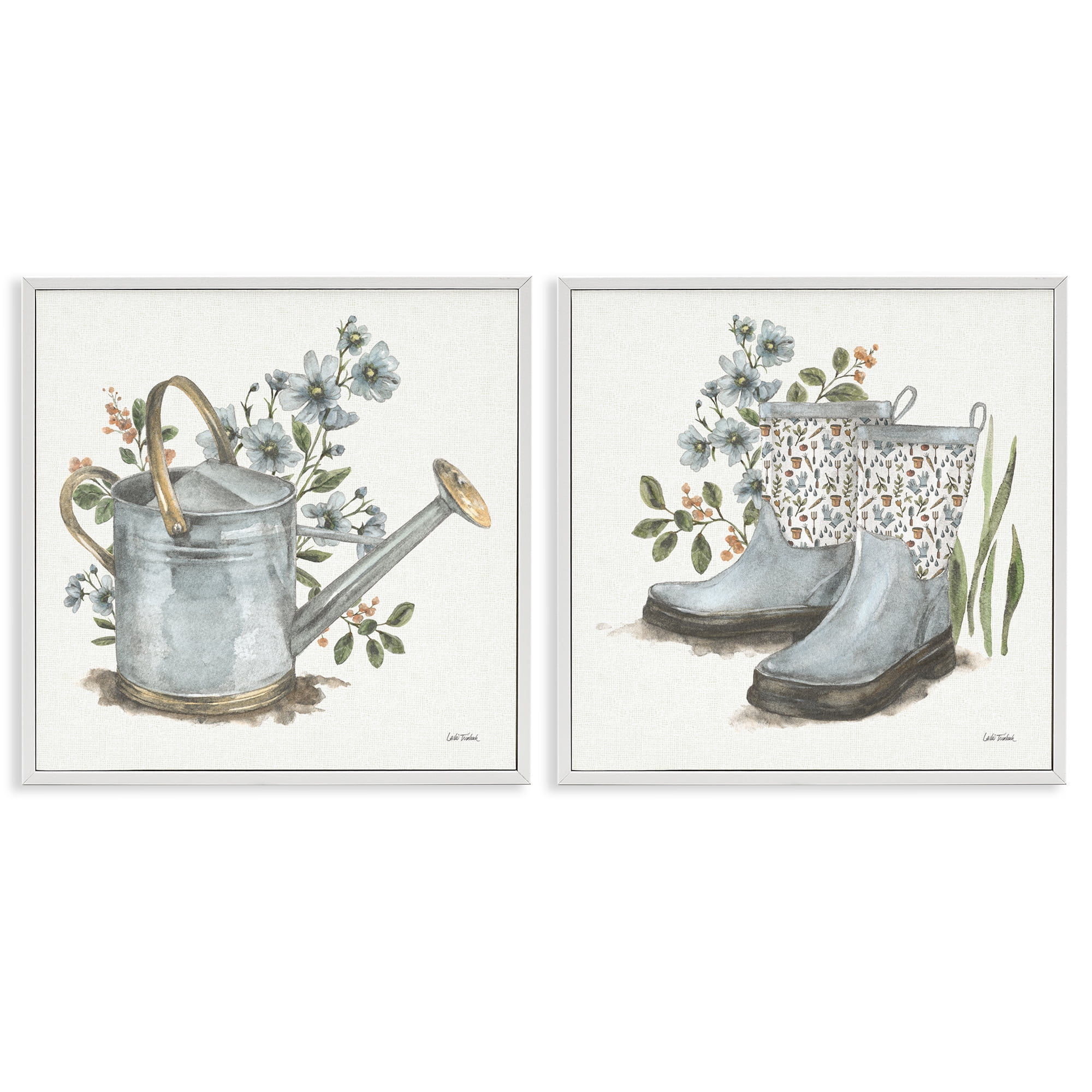 Stupell Industries Floral Watering Can Gardening Boots Plants & Flowers Painting White Framed Art Print Wall Art, 12 x 12, Set of 2