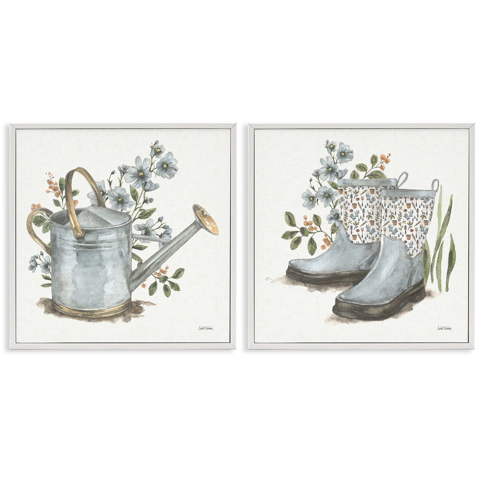 Stupell Industries Floral Watering Can Gardening Boots Plants & Flowers Painting White Framed Art Print Wall Art, 24 x 24, Set of 2