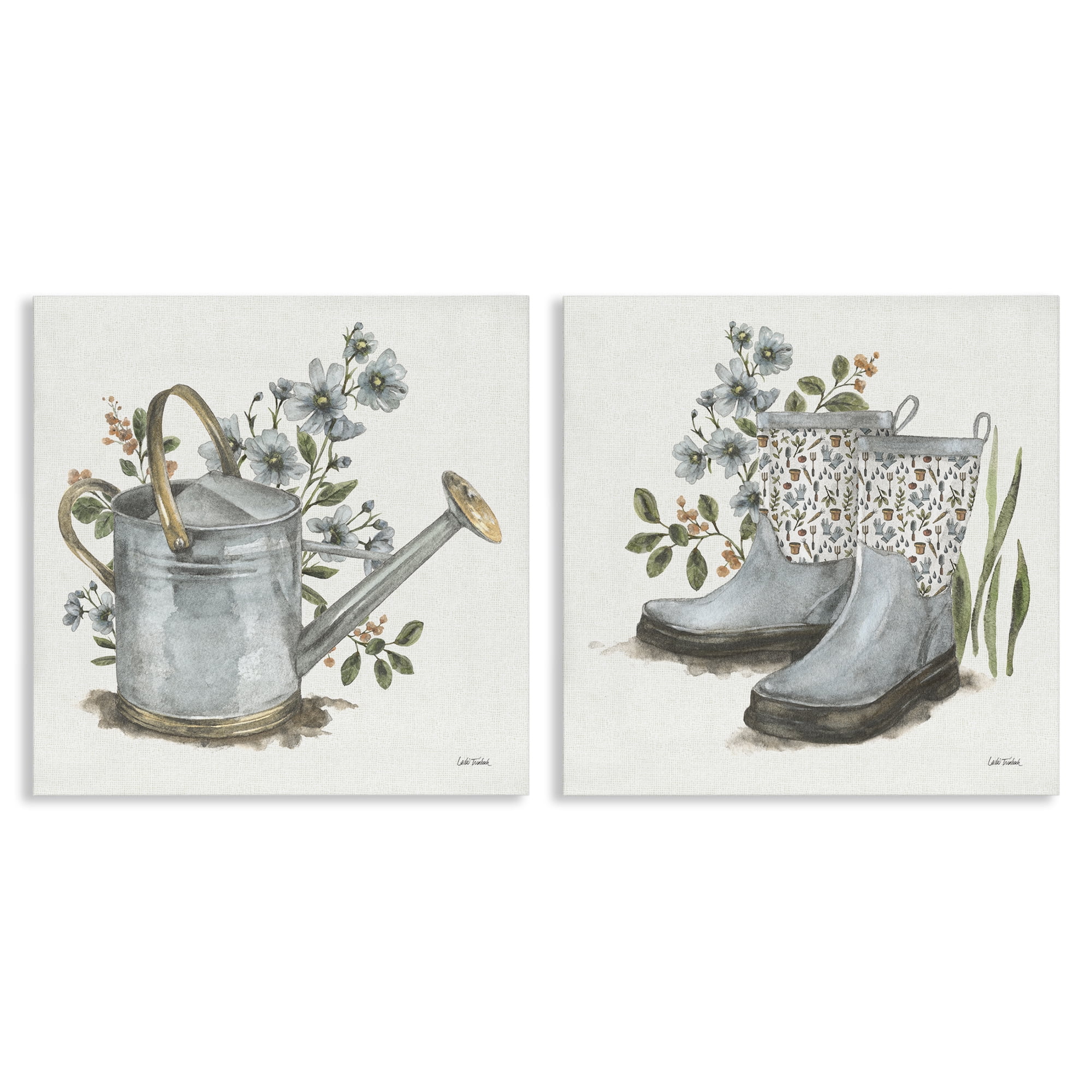 Stupell Industries Floral Watering Can Gardening Boots Plants & Flowers Painting Wrapped Canvas Art Print Wall Art, 24 x 24, Set of 2