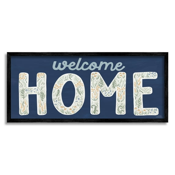 Stupell Industries Floral Welcome Phrase Botanical & Floral Painting Black Framed Art Print Wall Art, 24 x 10