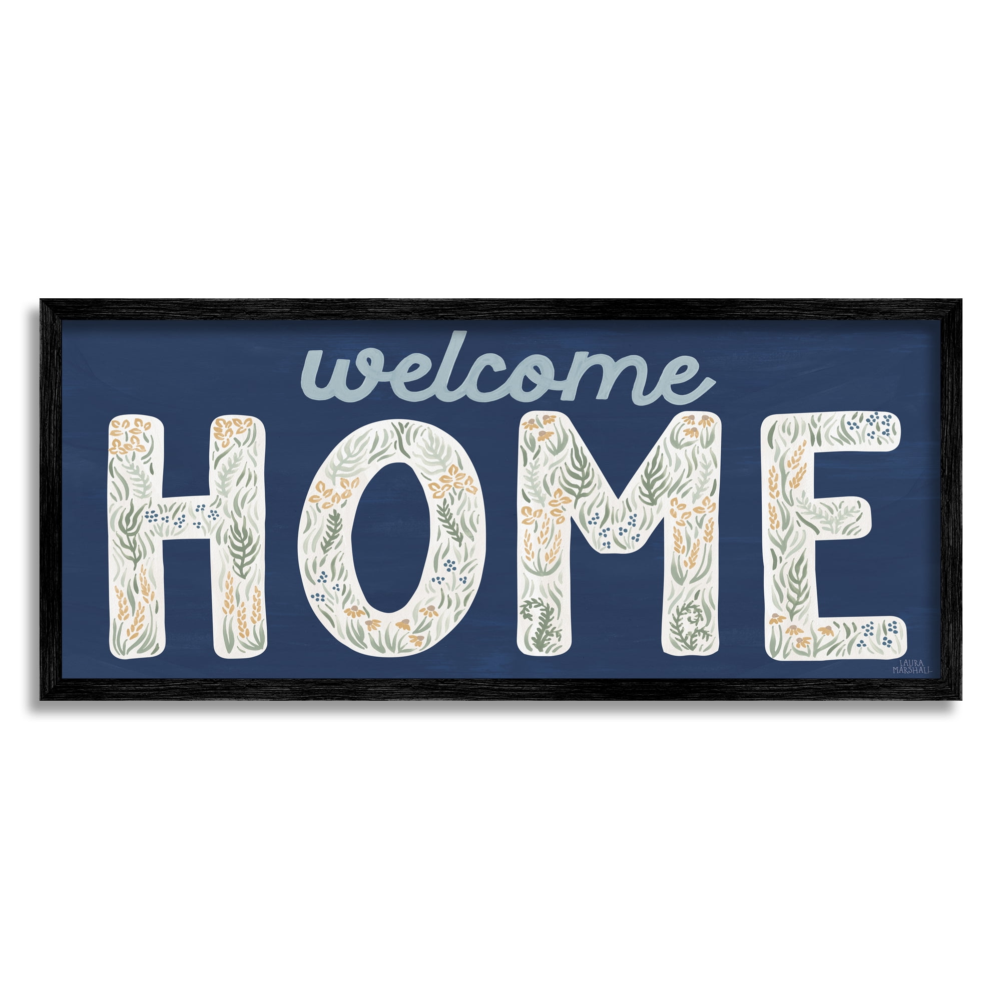 Stupell Industries Floral Welcome Phrase Botanical & Floral Painting Black Framed Art Print Wall Art, 30 x 13