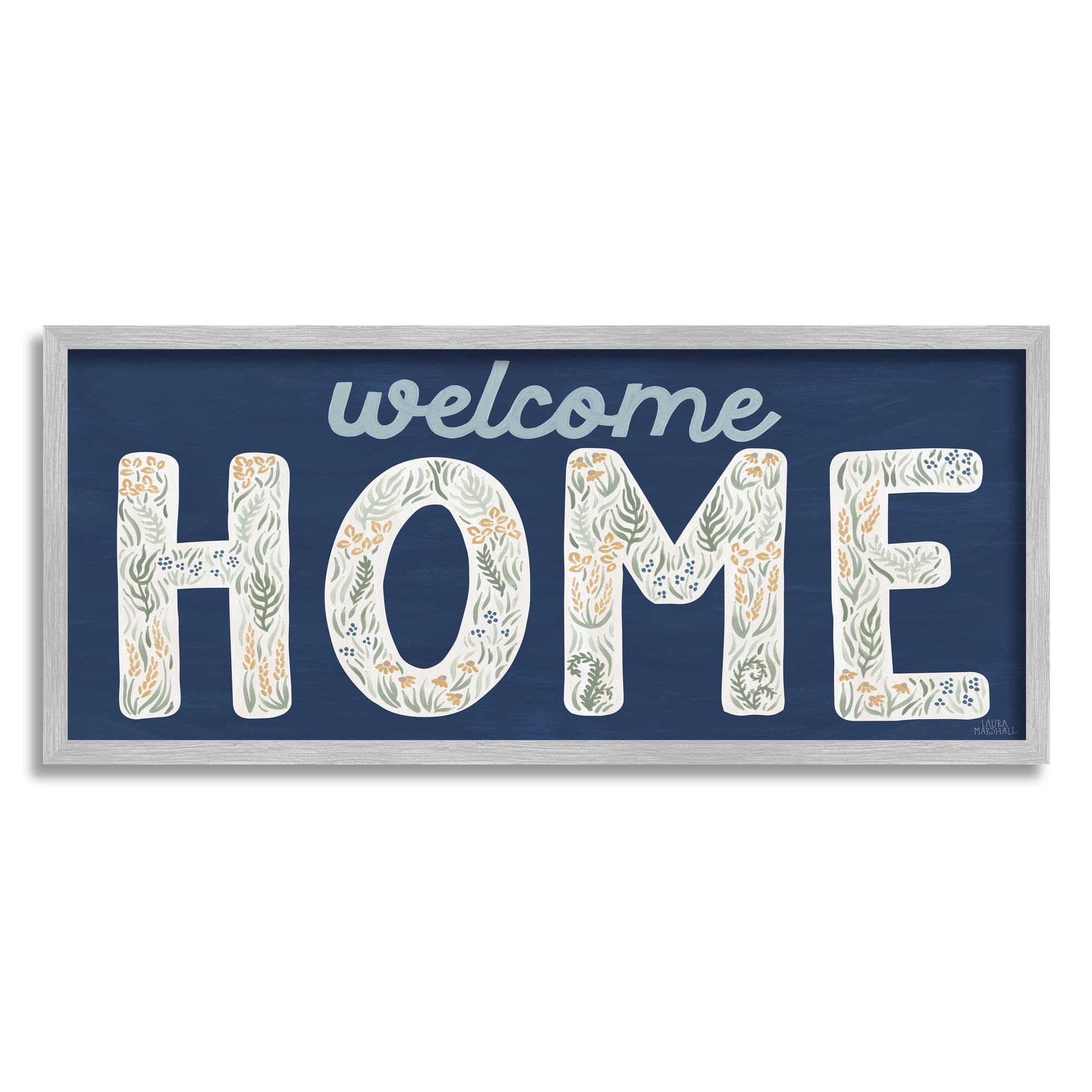 Stupell Industries Floral Welcome Phrase Botanical & Floral Painting Gray Framed Art Print Wall Art, 30 x 13