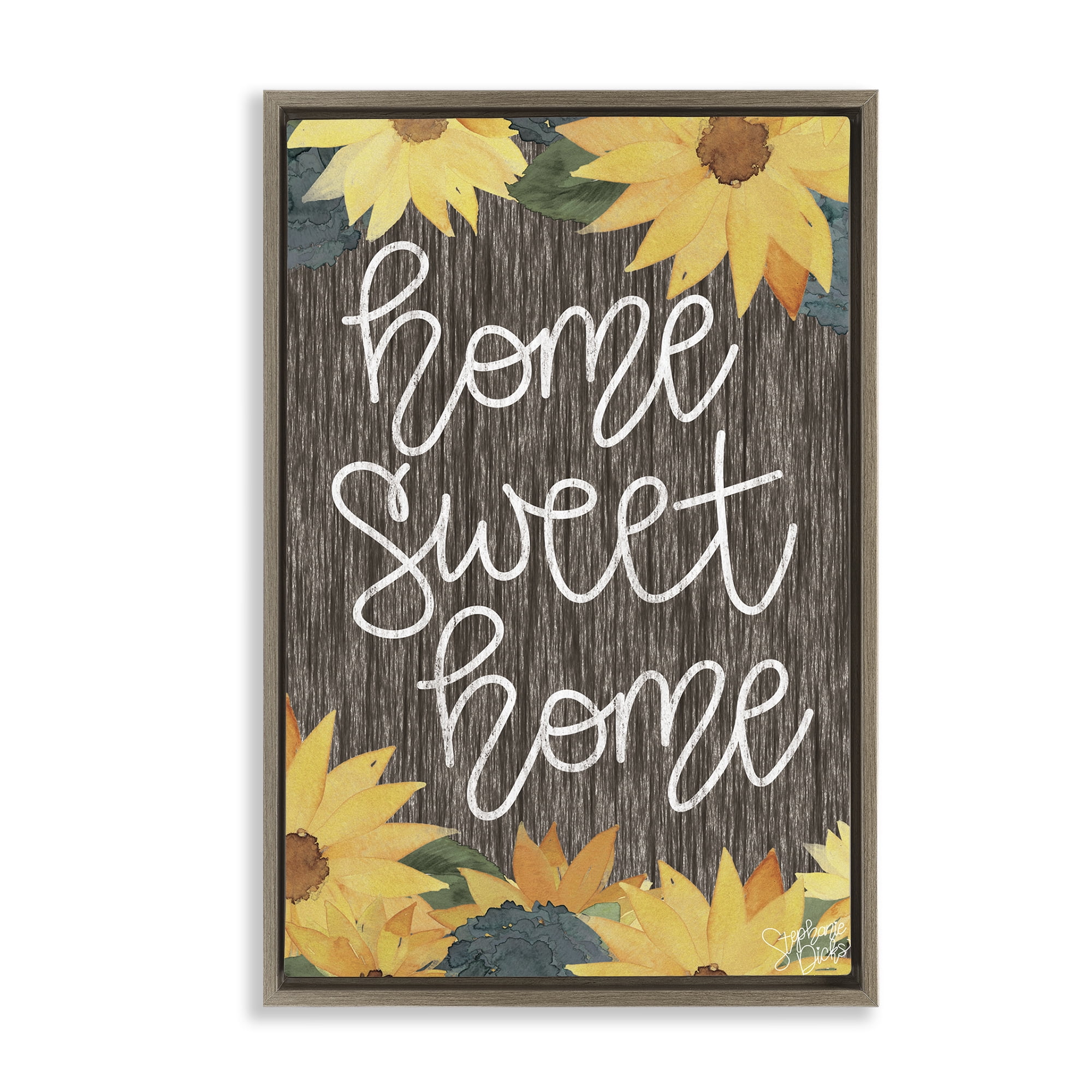 Stupell Industries Floral Welcome Phrase Plants & Flowers Painting Brown Floater Framed Canvas Art Print Wall Art, 17 x 25