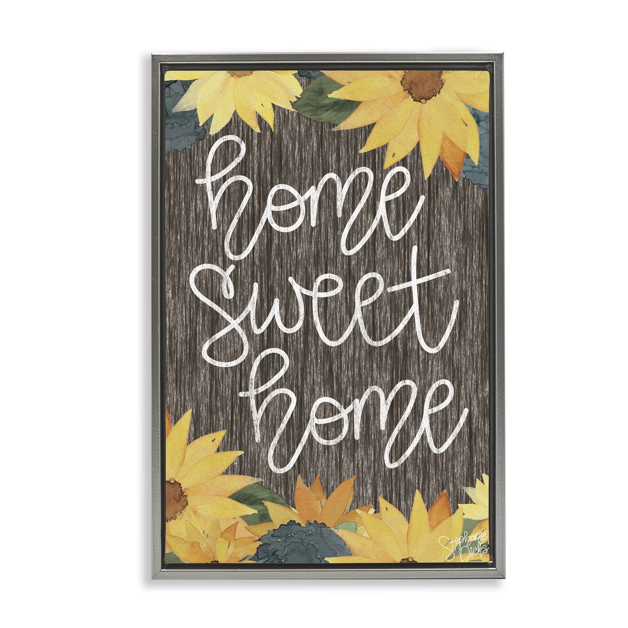 Stupell Industries Floral Welcome Phrase Plants & Flowers Painting Gray Floater Framed Canvas Art Print Wall Art, 17 x 25