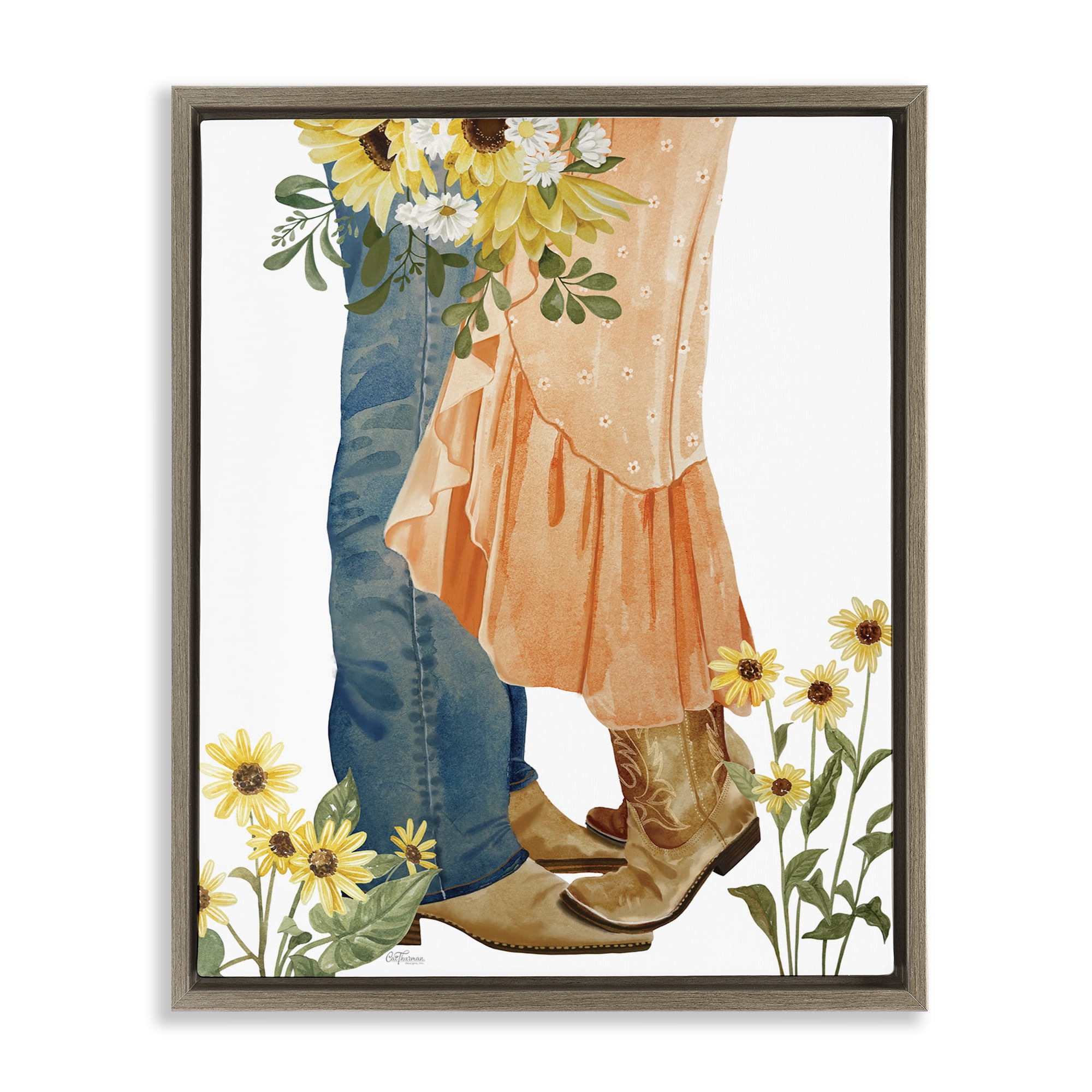 Stupell Industries Floral Western Couple Novelty Painting Brown Floater Framed Canvas Art Print Wall Art, 25 x 31