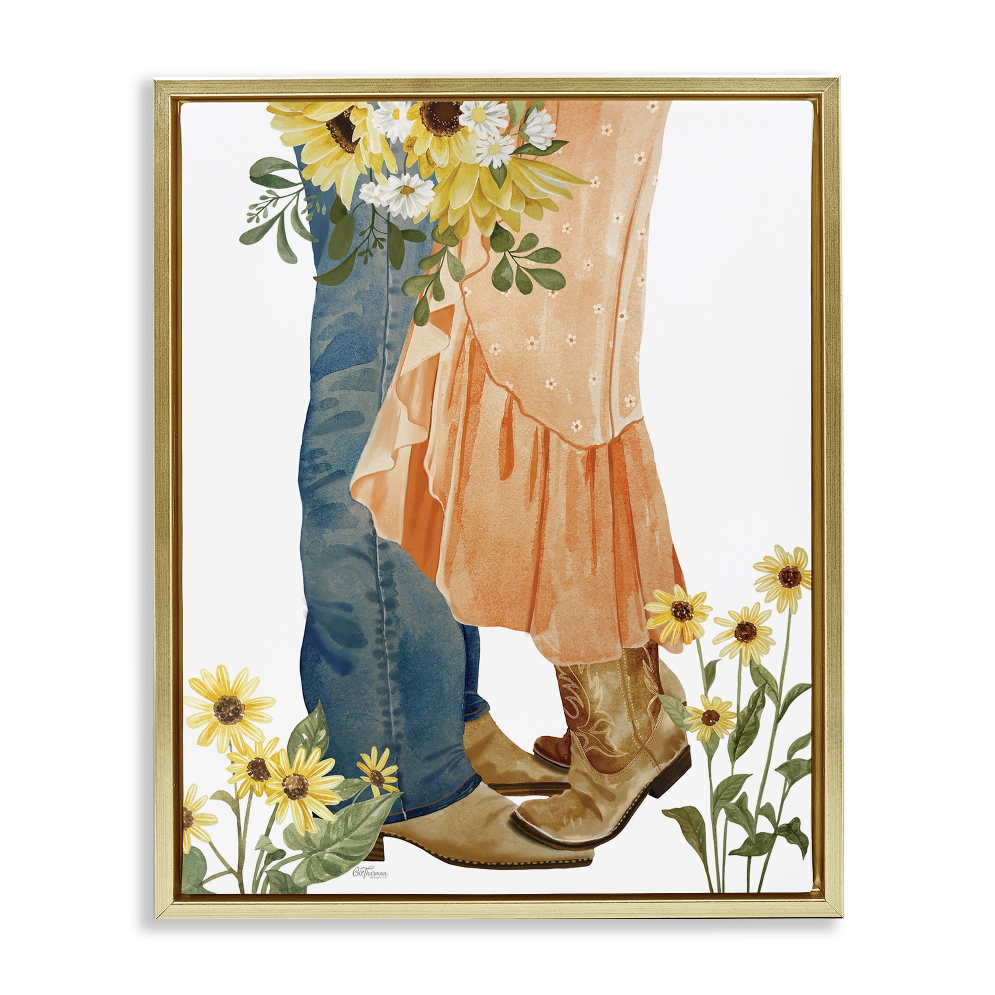 Stupell Industries Floral Western Couple Novelty Painting Gold Floater Framed Canvas Art Print Wall Art, 17 x 21