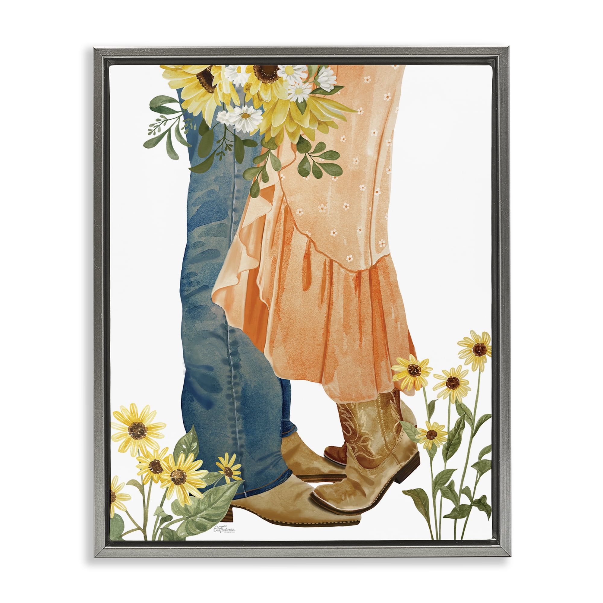 Stupell Industries Floral Western Couple Novelty Painting Gray Floater Framed Canvas Art Print Wall Art, 17 x 21