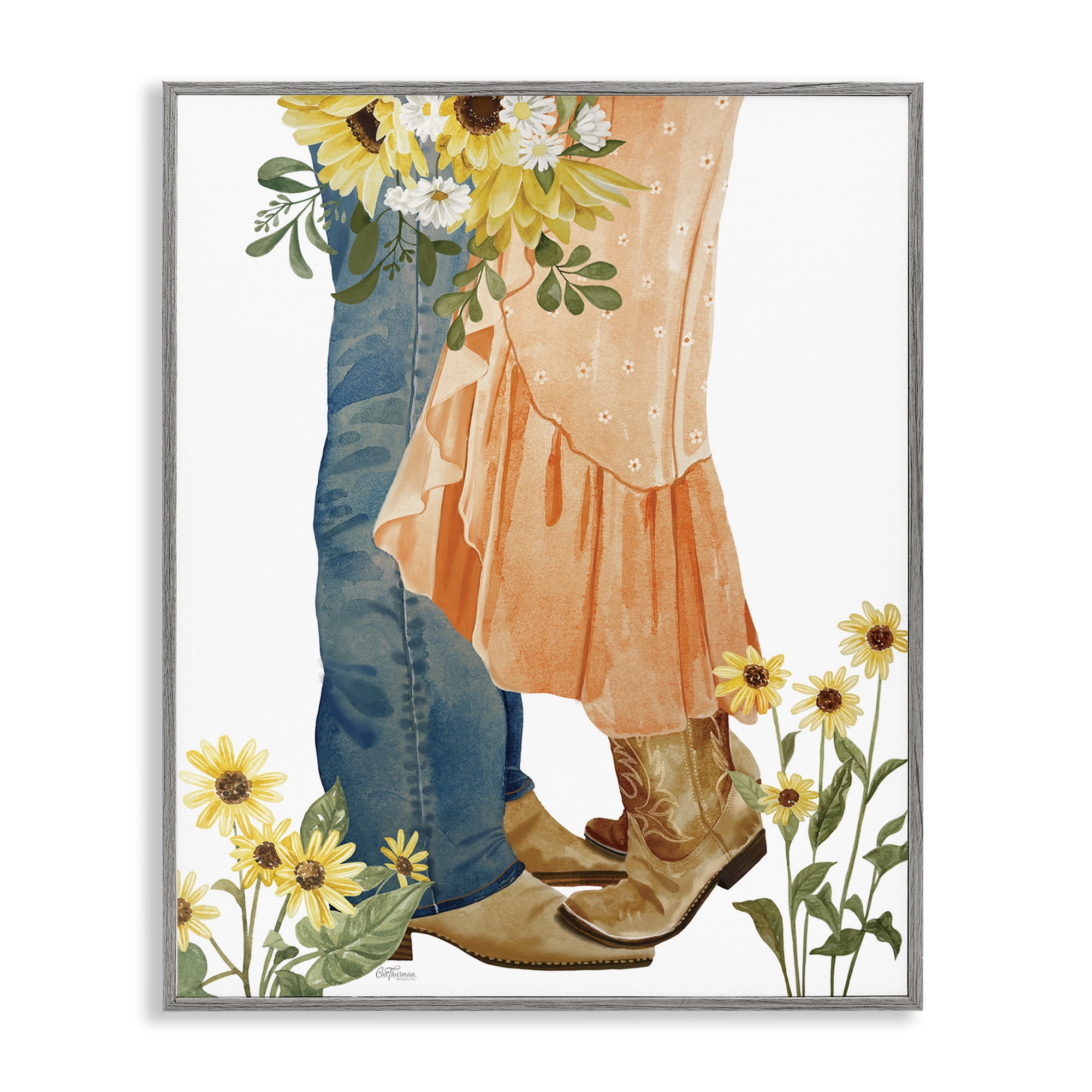 Stupell Industries Floral Western Couple Novelty Painting Gray Framed Art Print Wall Art, 24 x 30