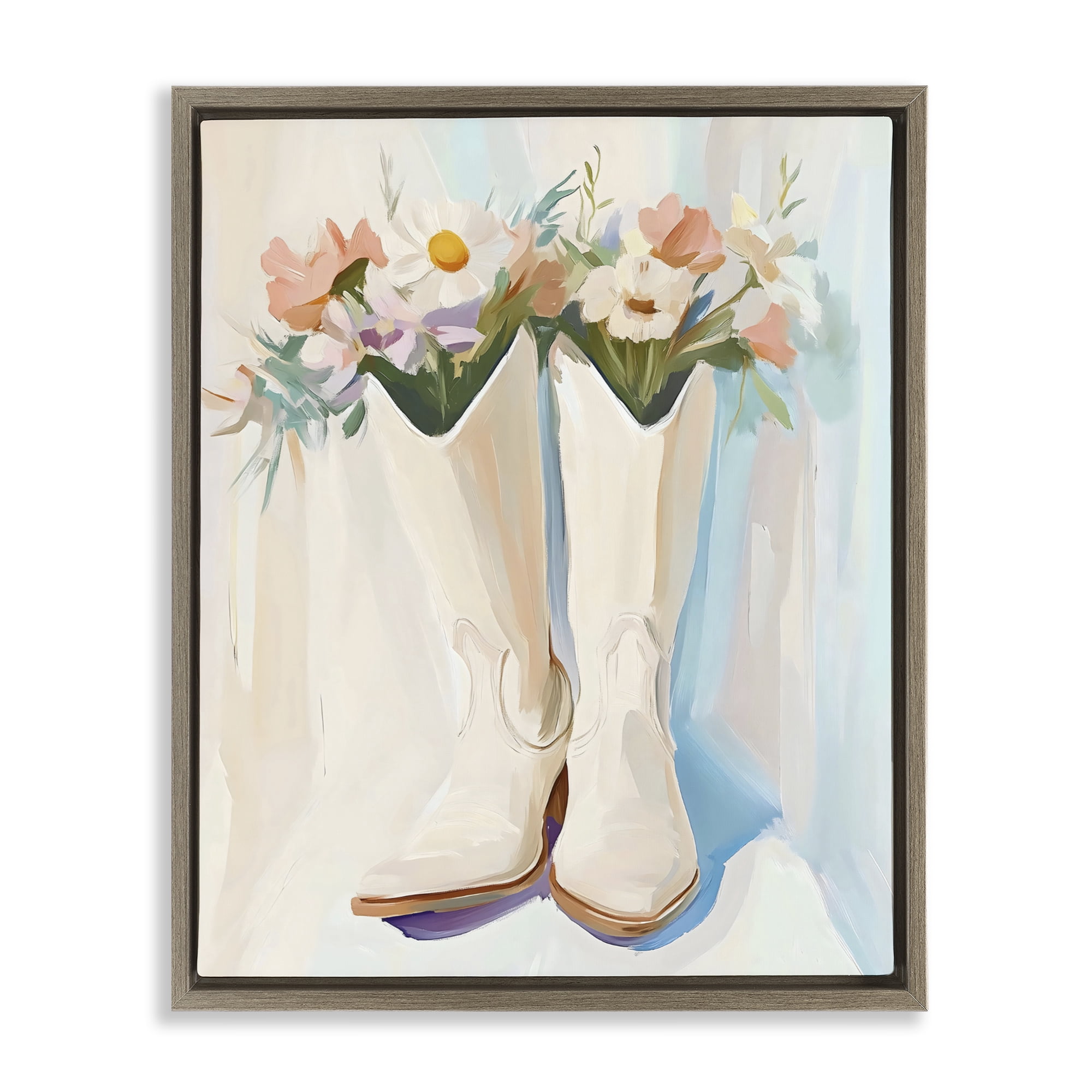 Stupell Industries Floral White Cowgirl Boots Brown Framed Floater Canvas Wall Art, design by The Prints Vibe
